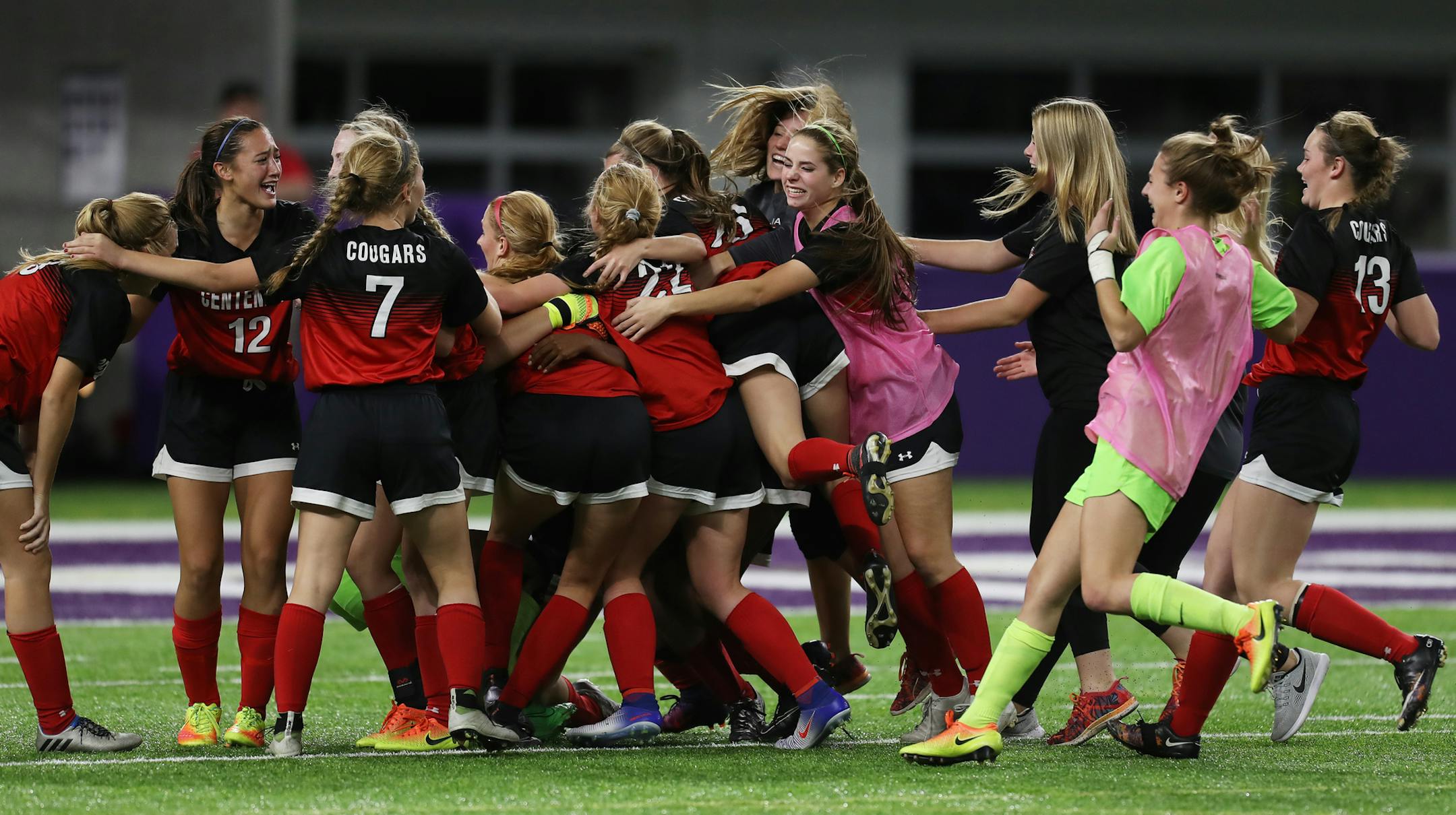 Centennial celebrates its title win.]In the Class 2A soccer championship game between Centennial and Rosemount at US Bank Stadium .Richard Tsong-Taatarii/rtsong-taatarii@startribune.com
