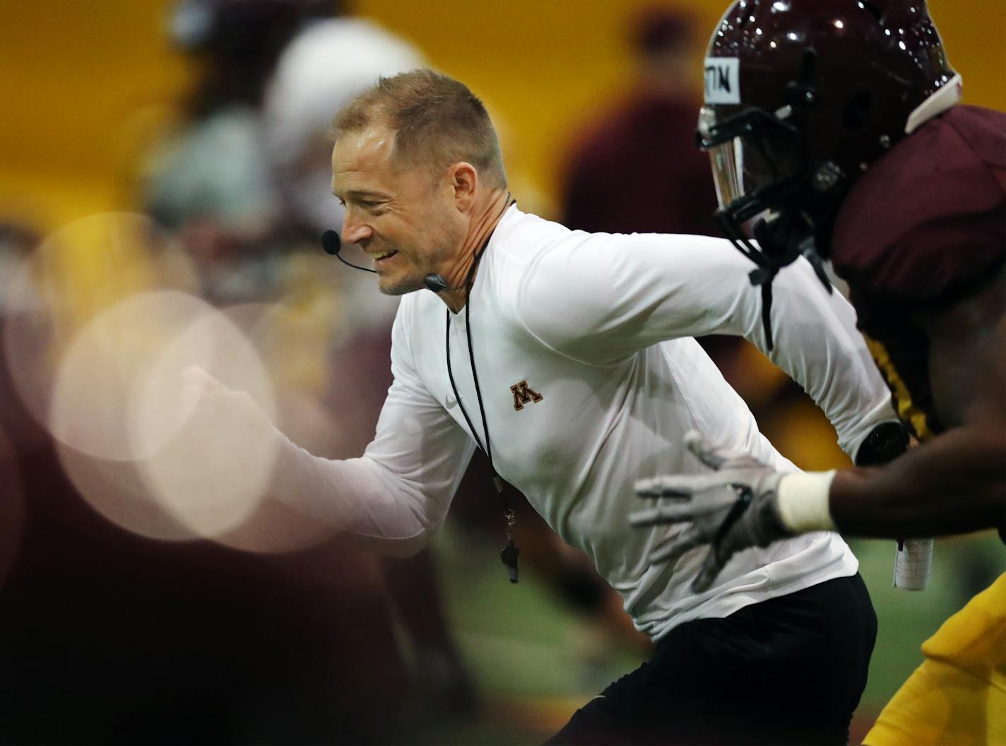 Gophers football coach P.J. Fleck (shown at a March spring practice) is not above having fun with his players or showing his intensity.