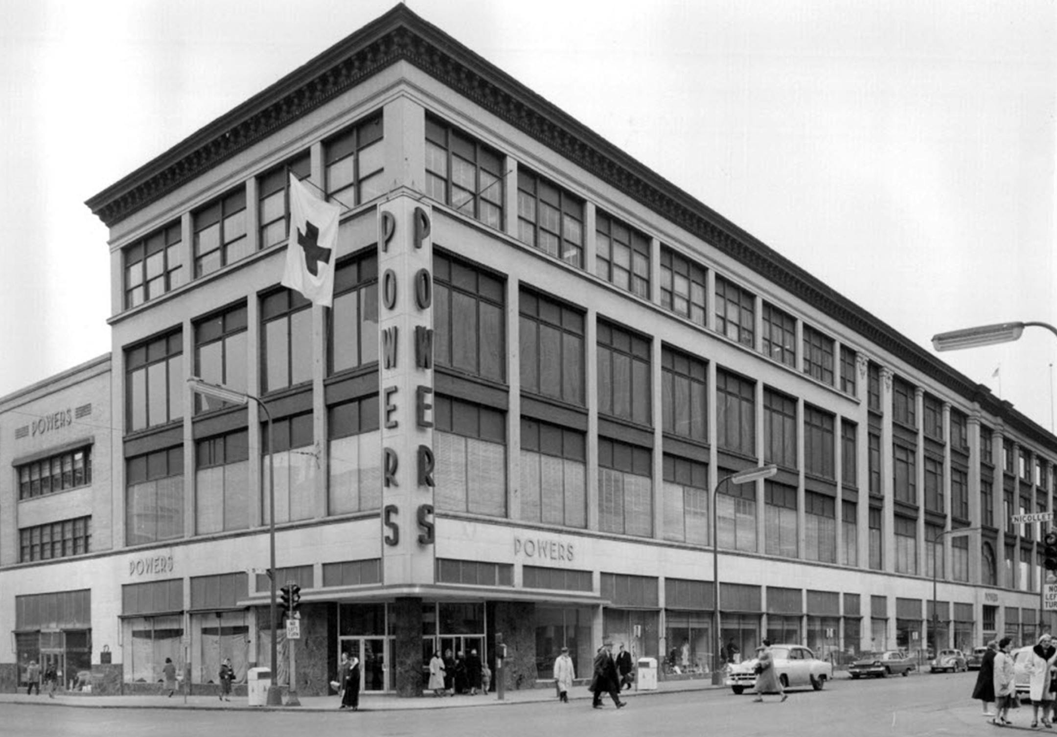 NIC4: Nicollet Avenue and 5th Street 1960: Powers. Portions of the building date to 1893, with expansions through 1906. The department store closed in 1985, and the building was demolished eight years later. The site spent 20 years as a parking lot.