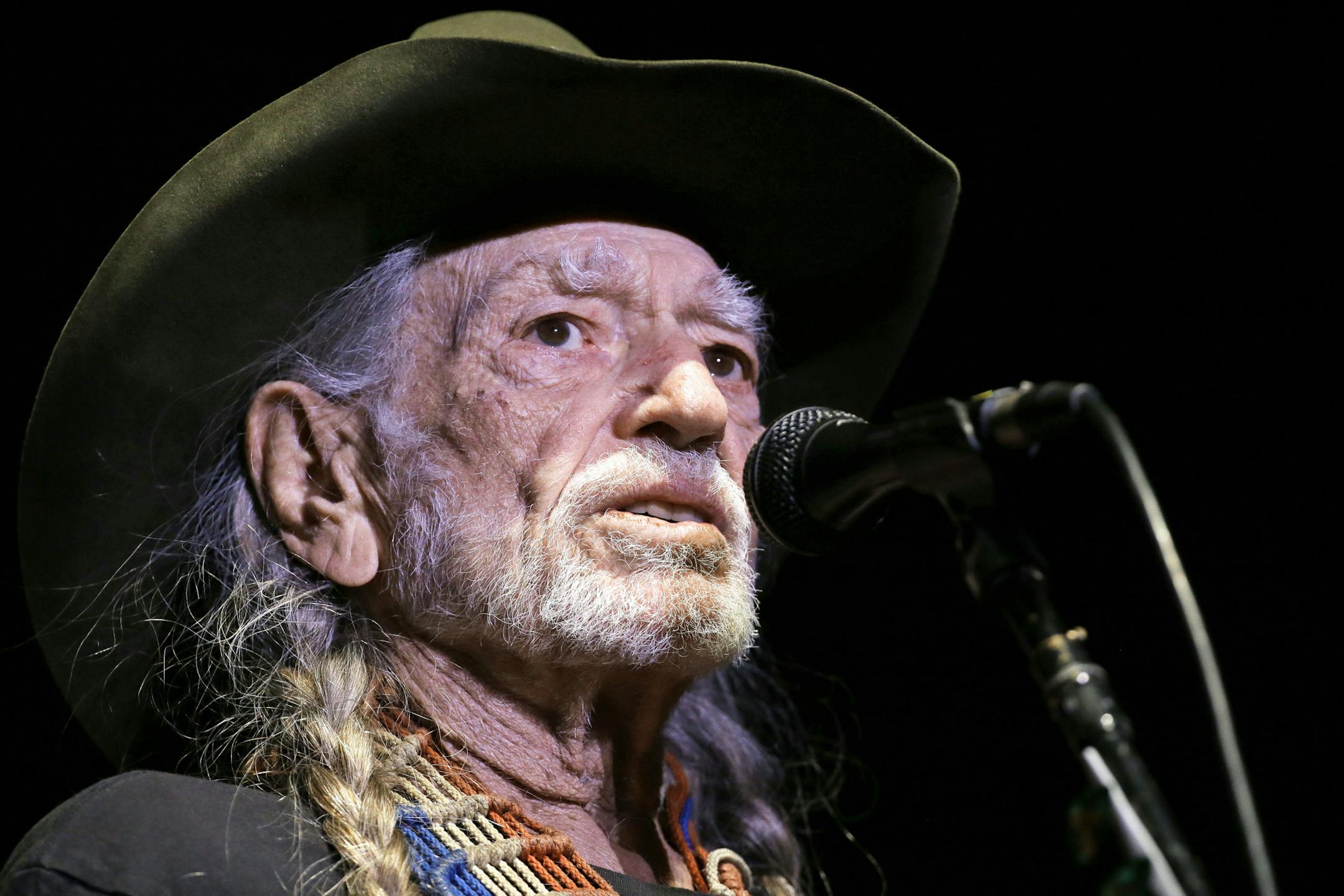FILE - In this Jan. 7, 2017, file photo, Willie Nelson performs in Nashville, Tenn. Nelson and Bob Dylan are set to perform on a tour based off the country icon&#xed;s curated Outlaw Music Festival. The Outlaw Music Festival Tour will play six cities, including New Orleans and Dallas, from July 1 to July 16. (AP Photo/Mark Humphrey, File)