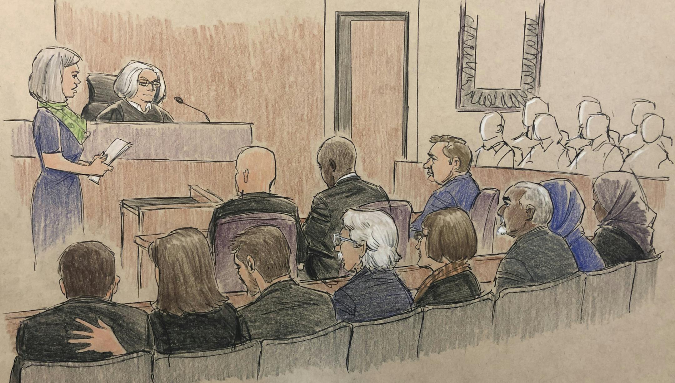 This courtroom sketch depicts former Minneapolis police Officer Mohamed Noor listening to the verdict, Tuesday, April 30, 2019, in Minneapolis, during his trial in the fatal shooting of unarmed Justine Ruszczyk Damond, in July 2017, after she called 911 to report a possible sexual assault behind her home. Noor was convicted of third-degree murder and also found guilty of manslaughter in the death of Damond, a 40-year-old dual citizen of the U.S. and Australia. (Cedric Hohnstadt via AP)