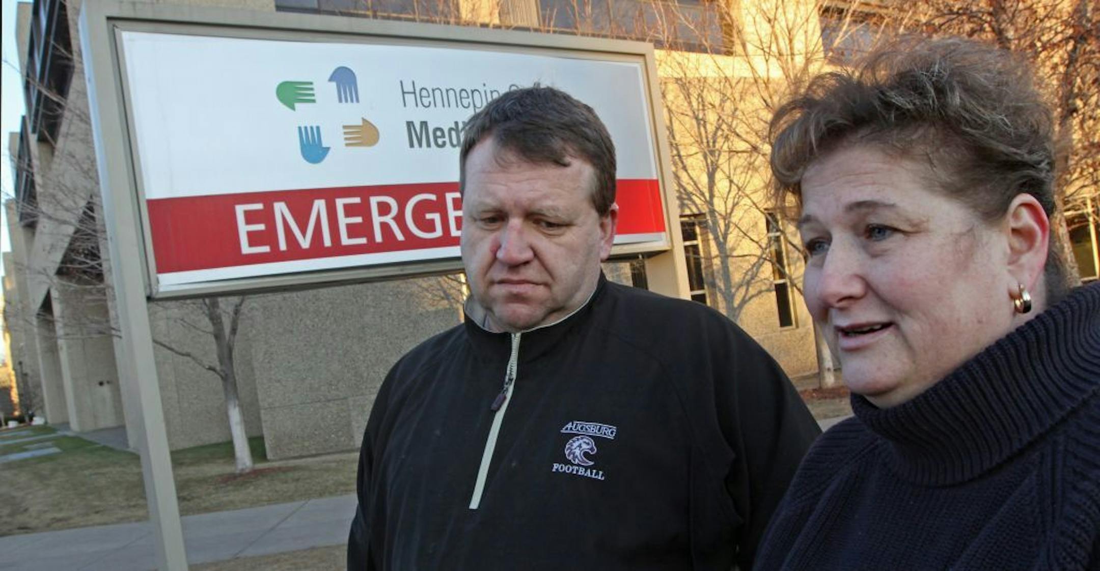 Dan and Penny Privette talked about their daughter, St. Croix Lutheran senior Jenna Privette, who suffered a serious injury playing hockey Friday night. She hit the boards during the game, and lost feeling in most of her body immediately afterwards. The couple was photographed in front of Hennepin County Medical Center on 1/7/12.