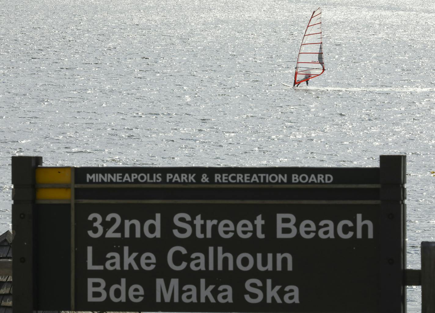 A windsurfer on Lake Calhoun Wedneday afternoon. ] JEFF WHEELER &#xef; jeff.wheeler@startribune.com The Minneapolis Park Board will take its final vote Wednesday evening, May 2, 2017 on changing Lake Calhoun's name to Bde Maka Ska.