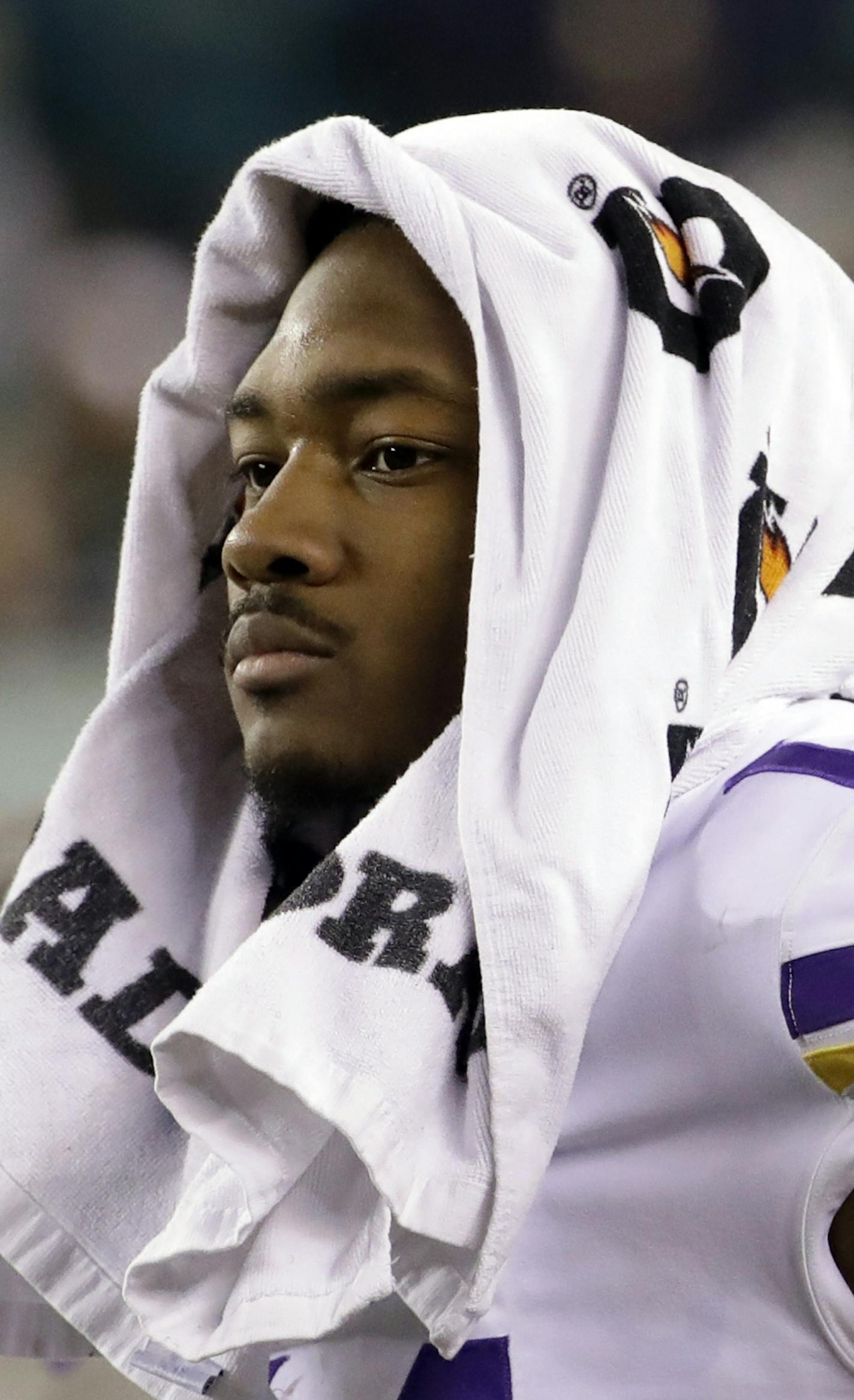 Minnesota Vikings' Stefon Diggs watches from the bench during the second half of the NFL football NFC championship game against the Philadelphia Eagles Sunday, Jan. 21, 2018, in Philadelphia. (AP Photo/Matt Rourke) ORG XMIT: MIN2018012420050761