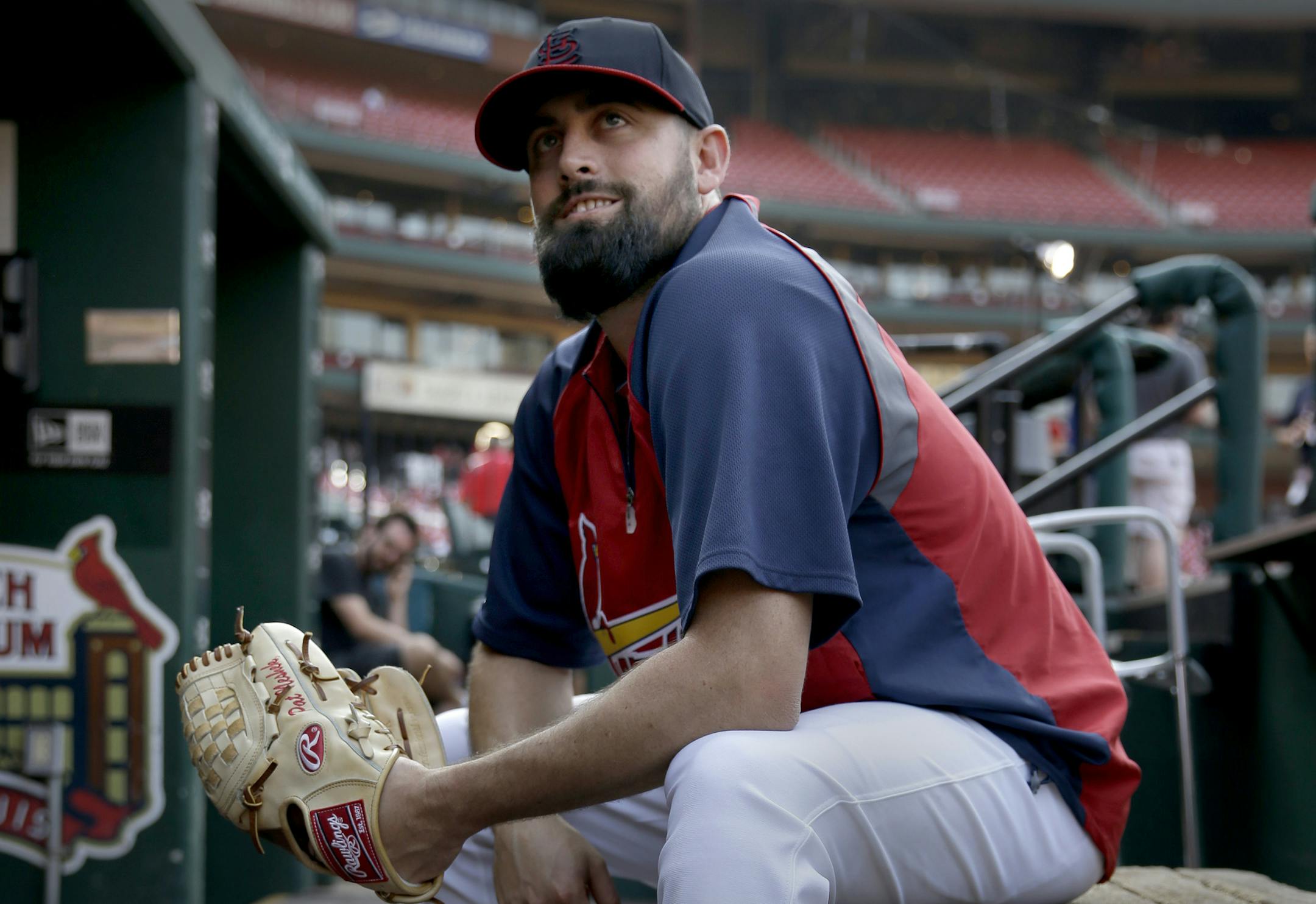 SPECIAL TO THE MINNEAPOLIS STAR TRIBUNE AUTHORIZING EDITOR TOM WALLACE - St. Louis Cardinals pitcher Pat Neshek poses for a portrait in the dugout before a baseball game between the St. Louis Cardinals and the Pittsburgh Pirates Wednesday, July 9, 2014, in St. Louis. (AP Photo/Jeff Roberson) ORG XMIT: MOJR205