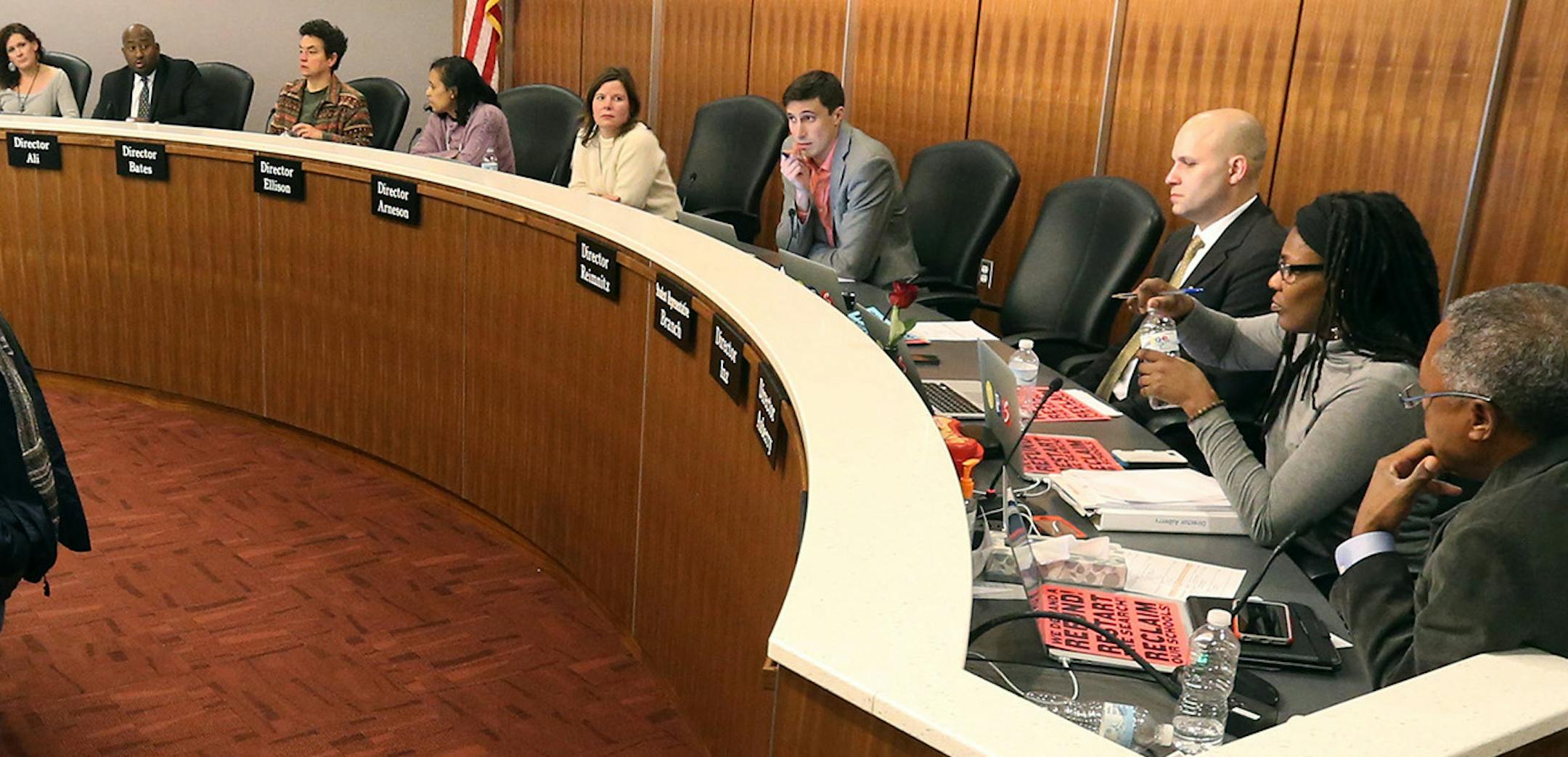 In the midst of a motion to select interim superintendent Michael Goar as the board's preferred candidate, protestors shut down the school board meeting. Tuesday January 12, 2016 in Minneapolis, MN. ] The Minneapolis school board will decide the fate of Sergio Paez, the man they selected to the lead the district. Jerry Holt/Jerry.Holt@Startribune.com ORG XMIT: MIN1601122213320601 ORG XMIT: MIN1601251343570948