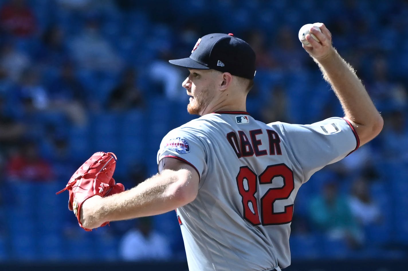 Minnesota Twins' Bailey Ober pitches in the first inning of a baseball game against the Toronto Blue Jays in Toronto on Saturday, Sept. 18, 2021. (Jon Blacker/The Canadian Press via AP)