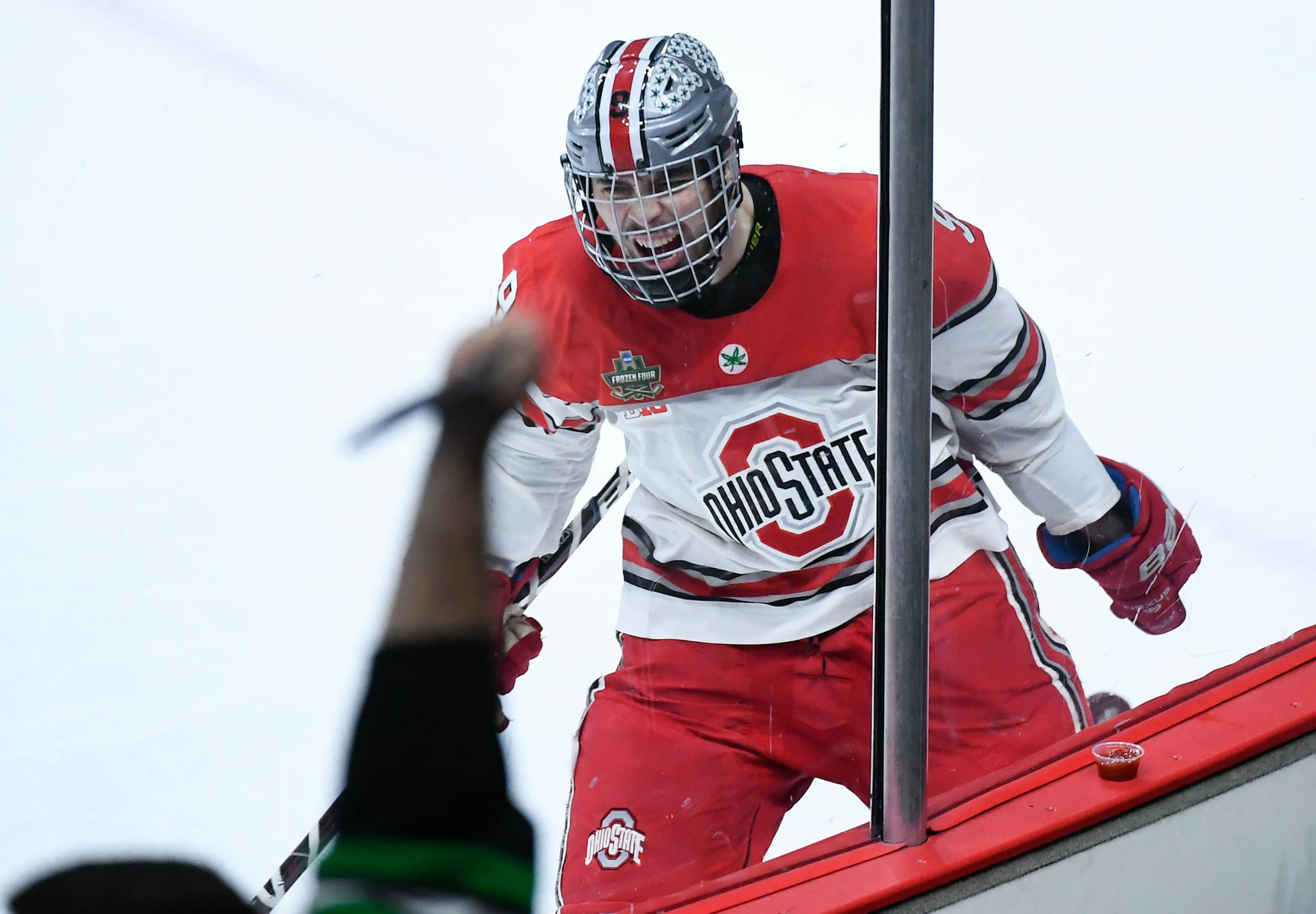 Ohio State Buckeyes forward Tanner Laczynski (9) celebrated his third period goal on Minnesota-Duluth Bulldogs goaltender Hunter Shepard (32). ] AARON LAVINSKY • aaron.lavinsky@startribune.com University of Minnesota Duluth played Ohio State University in an NCAA Frozen Four semifinal game on Thursday, April 5, 2018 at Xcel Energy Center in St. Paul, Minn.