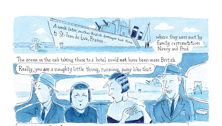 image is a cartoon of two women bickering in the back seat of a car