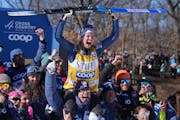 Minnesota native Jessie Diggins celebrated her third-place finish at the women's 10-kilometer race Sunday at Theodore Wirth Park.