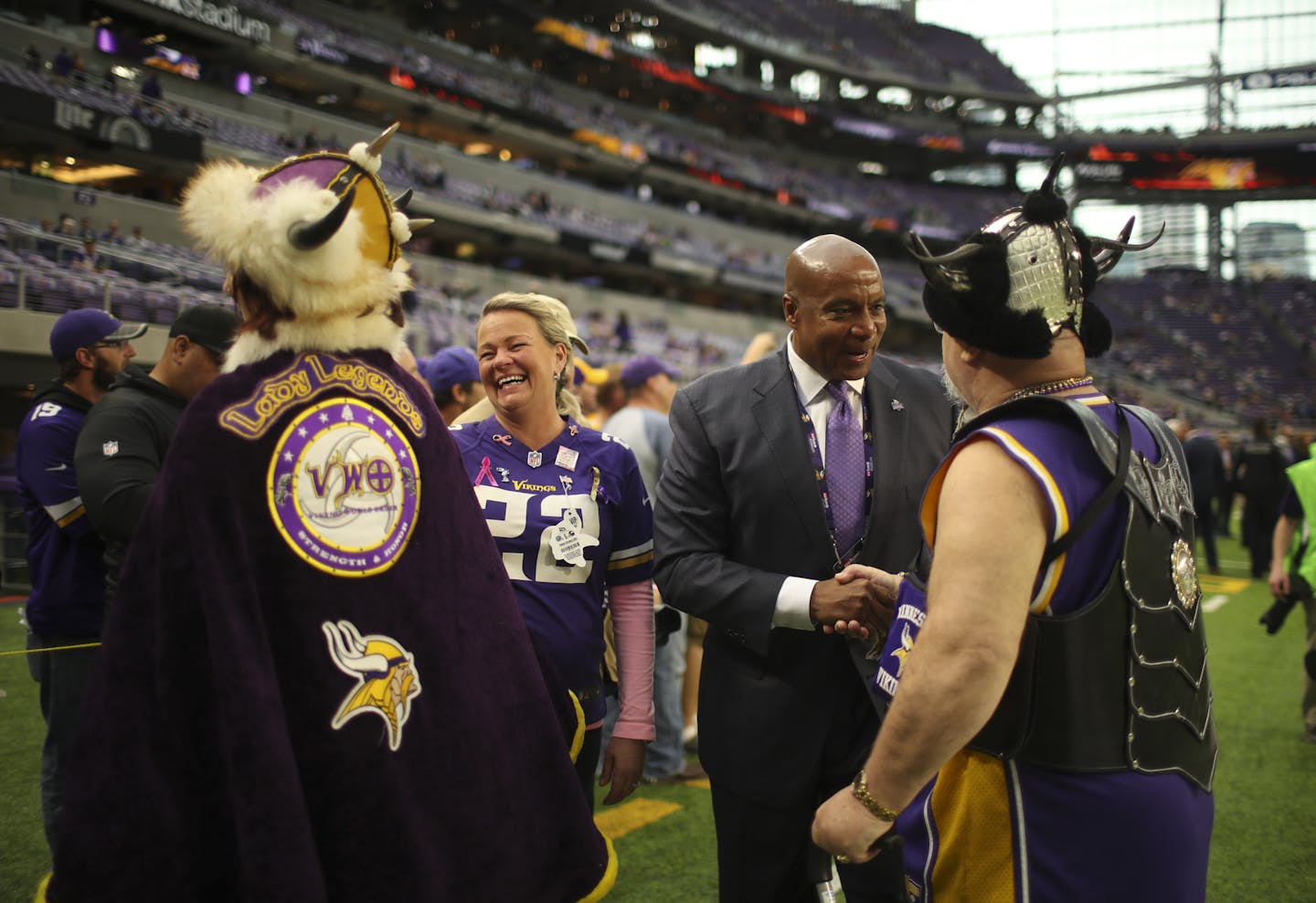 Kevin Warren was greeted warmly by Gary Lodoen, of Eden Prairie aka Sir Purple Heart, while walking along the Vikings' sideline before the Vikings faced Detroit last month. ] JEFF WHEELER &#x2022; jeff.wheeler@startribune.com Vikings Chief Operating Officer Kevin Warren's family has roots in slavery and racial oppression in the South. Warren became a college basketball player, wound up getting his law degree from Notre Dame and working as an agent, an administrator with the St. Louis Rams and De