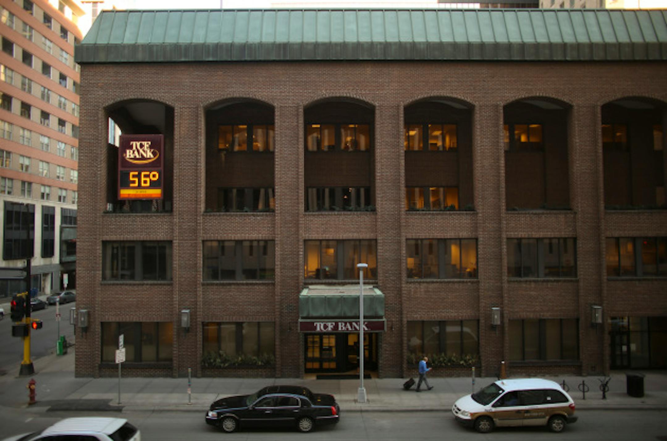 An exterior of the TCF building at 8th St. and Marquette Ave. in downtown Minneapolis early Monday evening.   ]   JEFF WHEELER • jeff.wheeler@startribune.com   TCF Financial Corp. announced Monday, April 7, 2014 that it is pulling out of the TCF Tower and TCF Bank Building in downtown Minneapolis and consolidating its 1500 member workforce at a new campus in Plymouth.