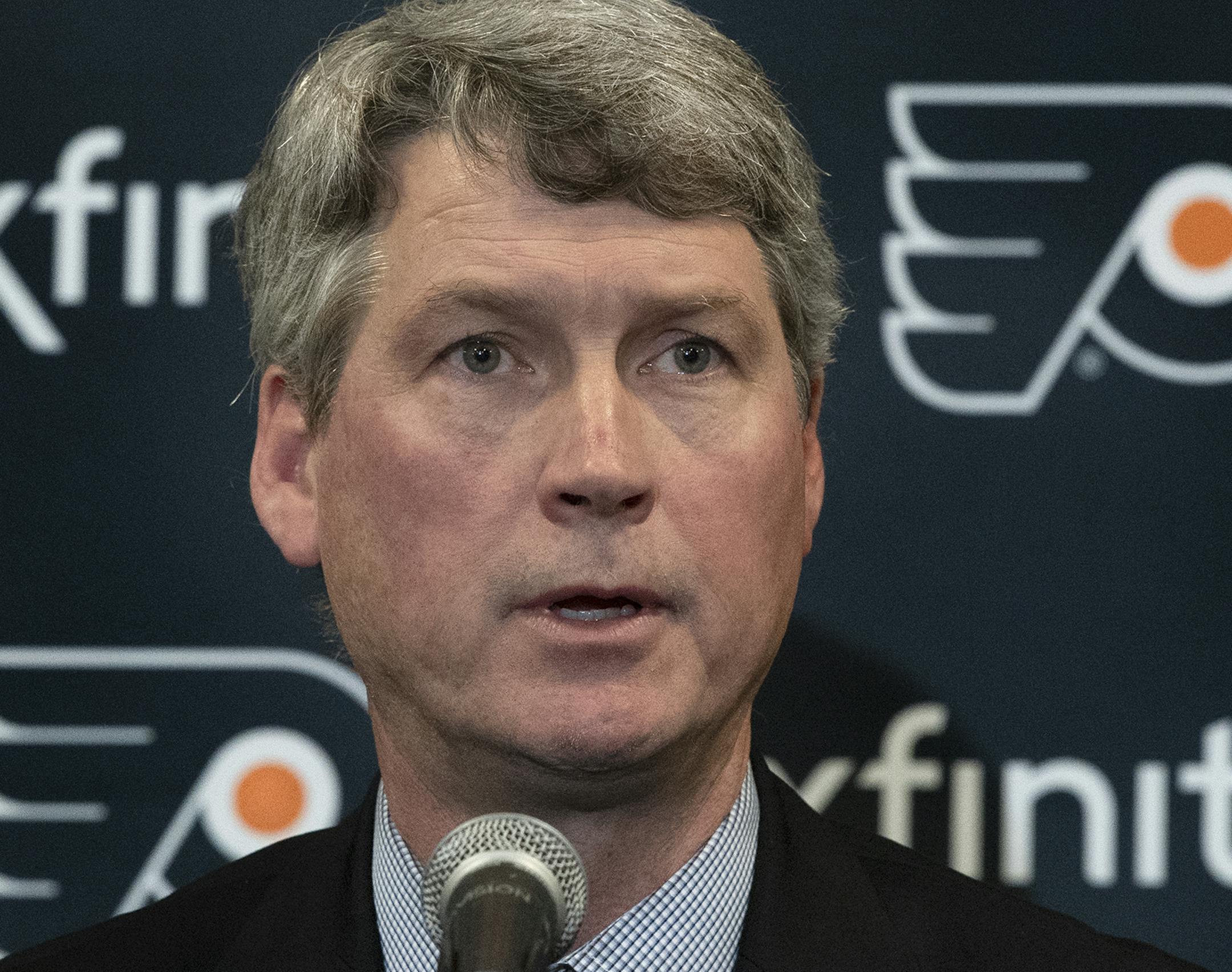 New Philadelphia Flyers NHL hockey team general manager Chuck Fletcher speaks to the media during a press conference at the Flyers practice facility in Voorhees, N.J., Wednesday, Dec. 5, 2018. (Jose F. Morena/The Philadelphia Inquirer via AP)