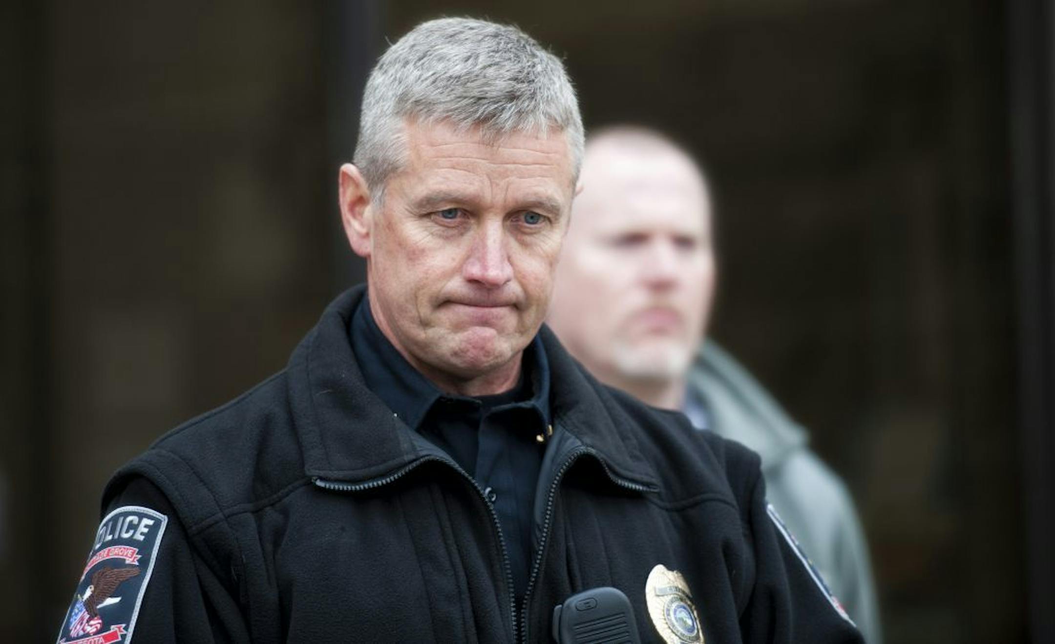 Cottage Grove director of public safety Craig Wollery spoke to the media Thursday, October 25, 2012 about Wednesday's murder suicide. Behoind him is Det. Sgt. Randy McAlister. Thursday, October 25, 2012