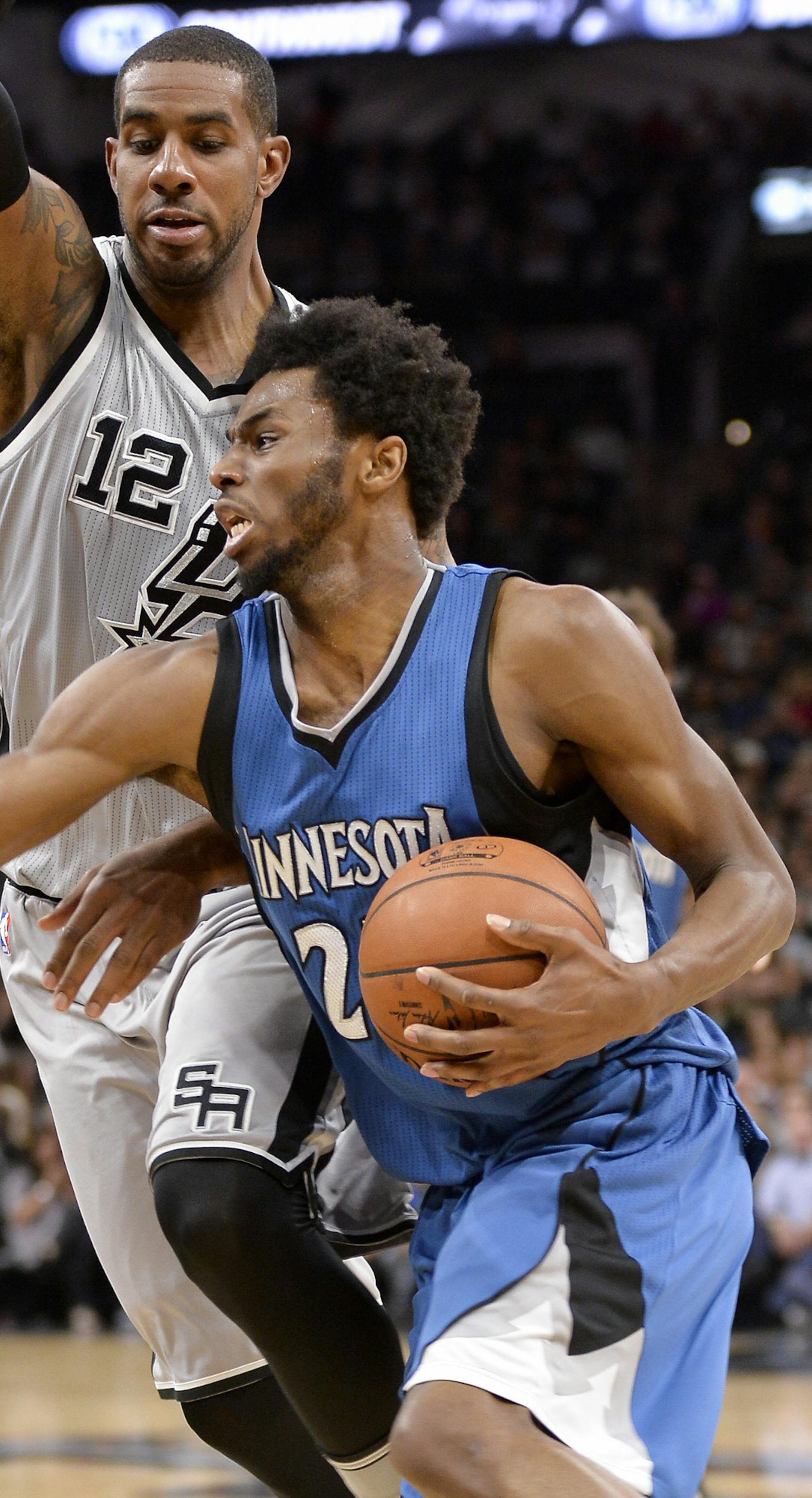 Minnesota Timberwolves forward Andrew Wiggins, right, drives around San Antonio Spurs forward LaMarcus Aldridge during the first half of an NBA basketball game, Saturday, March 4, 2017, in San Antonio. (AP Photo/Darren Abate)