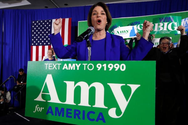 Democratic presidential candidate Sen. Amy Klobuchar, D-Minn., speaks at her election night party, Tuesday, Feb. 11, 2020, in Concord, N.H.