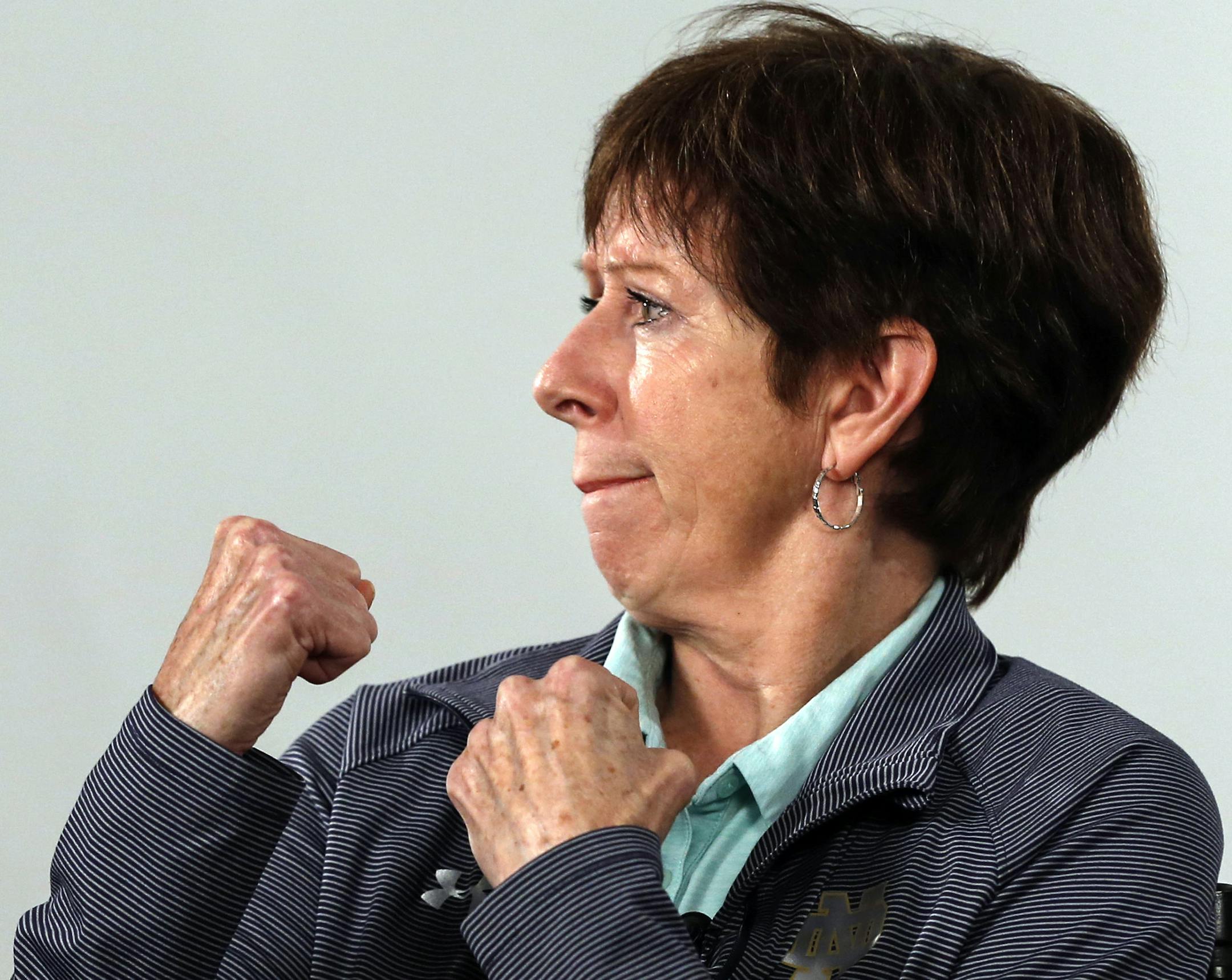 FILE - In this Oct. 3, 2019, file photo, Notre Dame coach Muffet McGraw gestures during the Atlantic Coast Conference women's NCAA college basketball media day in Charlotte, N.C. McGraw faces a big rebuilding project after two runs to the NCAA championship game, including a win two seasons ago. (AP Photo/Nell Redmond, File)