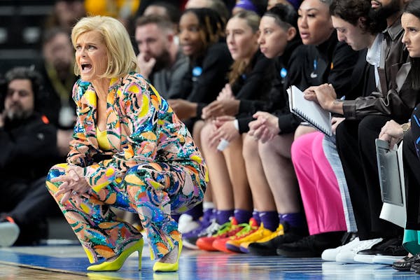 LSU head coach Kim Mulkey reacts during the first quarter of Saturday's Sweet 16 game vs. UCLA.