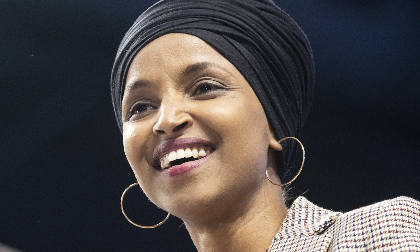 Rep. Ilhan Omar, D-Minn., introduces Sen. Bernie Sanders (I-Vt.), a candidate for the Democratic nomination for president, during a Sanders campaign rally at the University of Minnesota in Minneapolis on Sunday, Nov. 3, 2019. (Jenn Ackerman/The New York Times)