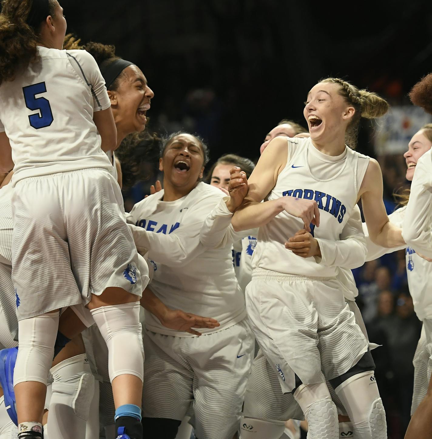 Hopkins celebrated their 74-45 victory over Stillwater in the 4A championship game. ] Aaron Lavinsky &#xa5; aaron.lavinsky@startribune.com Hopkins played Stillwater in the Class 4A girls' basketball state championship game on Saturday, March 16, 2019 at Williams Arena in Minneapolis, Minn.