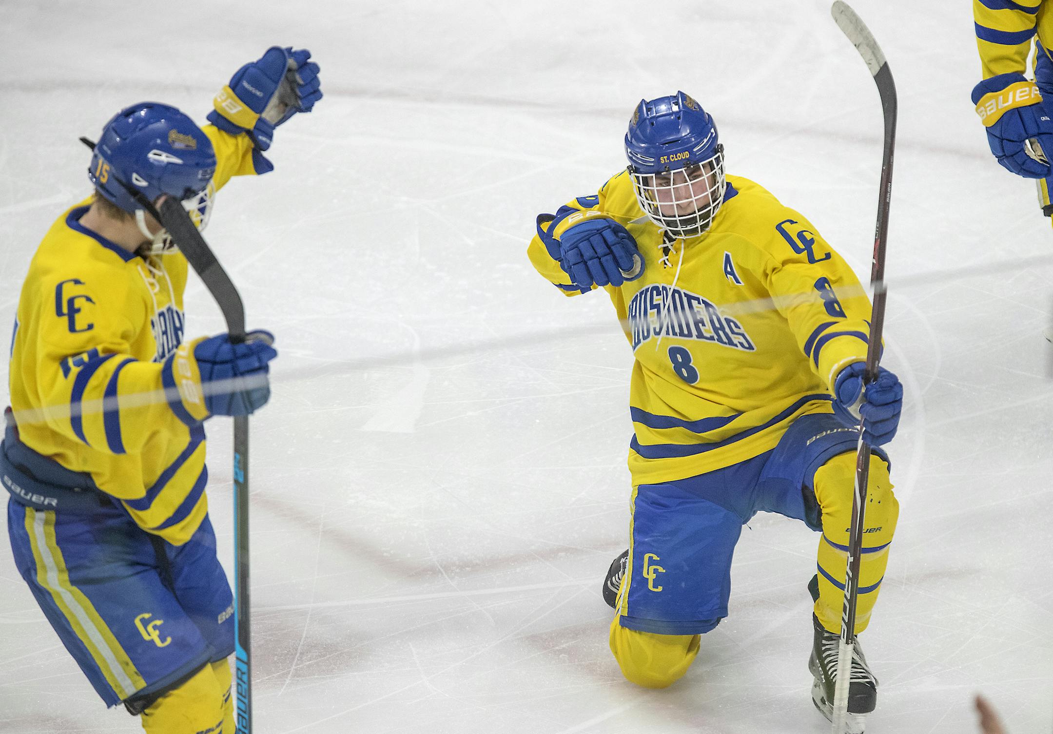 St. Cloud Cathedral's forward Nate Warner celebrated his hat trick after he scored during the second period of their matchup against North Branch during the Class 1A boys' hockey state tournament at the Xcel Energy Center, Wednesday, March 6, 2019 in St. Paul, MN. ] ELIZABETH FLORES &#x2022; liz.flores@startribune.com