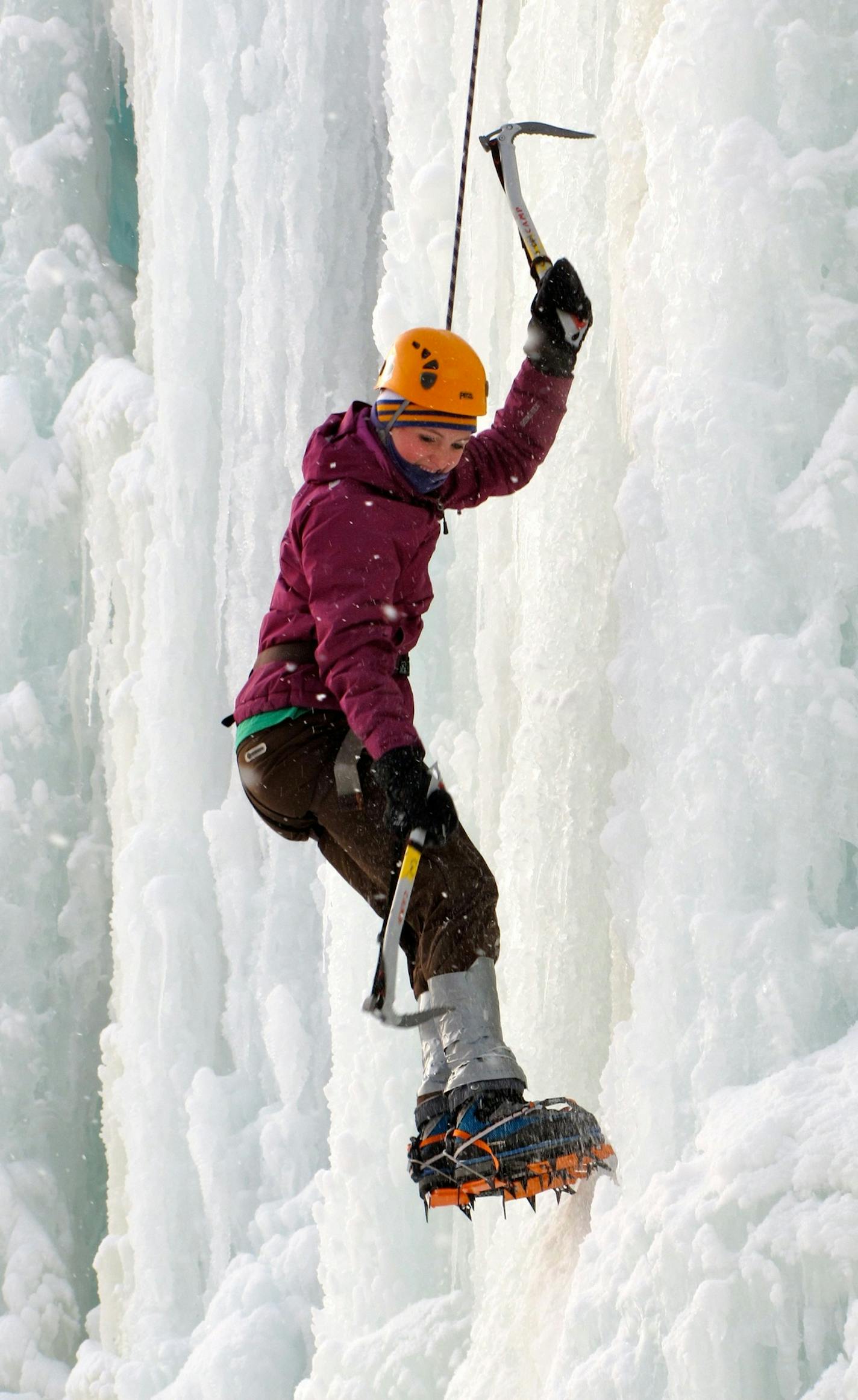 Photo by Lisa Meyers McClintick. First-time and experienced ice climbers can be found scaling the icy walls of Sandstone&#xed;s Robinson&#xed;s Quarry on weekends throughout the winter.