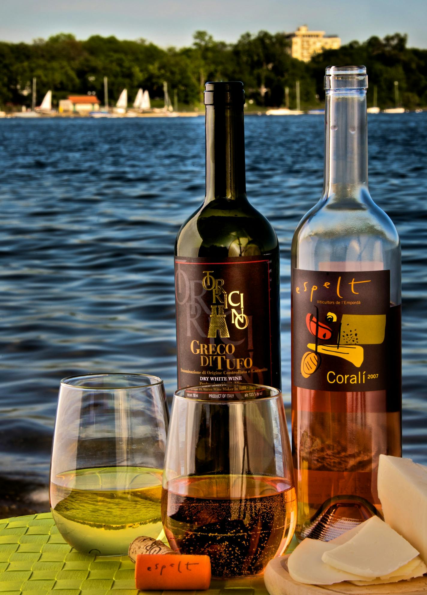 Summer wines at Lake Calhoun. Tthe white on the left is Greco Di Tufo and the wine on the right is Espelt Corali rose wine.