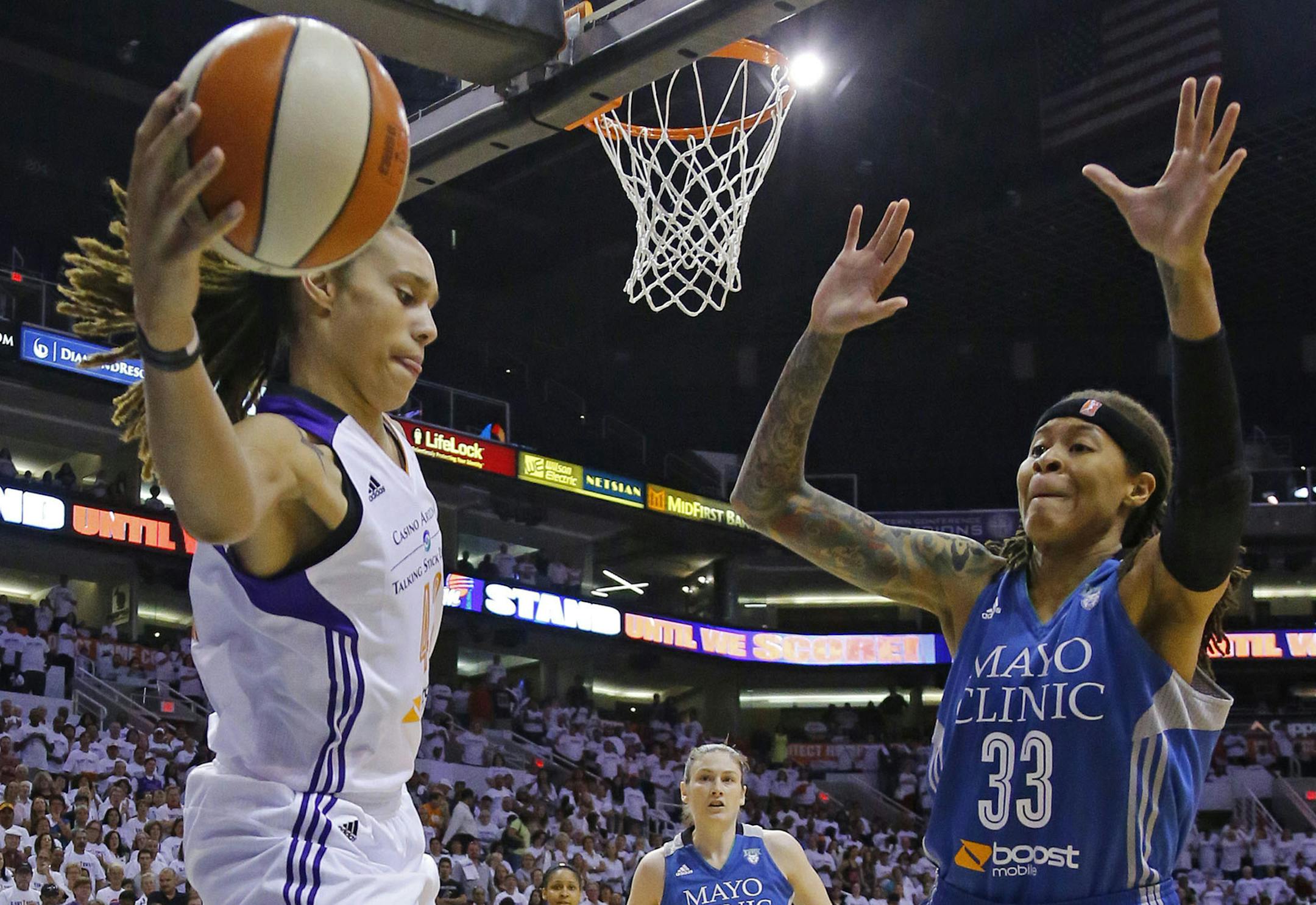 Phoenix Mercury center Brittney Griner (42) plays against the Lynx last season.