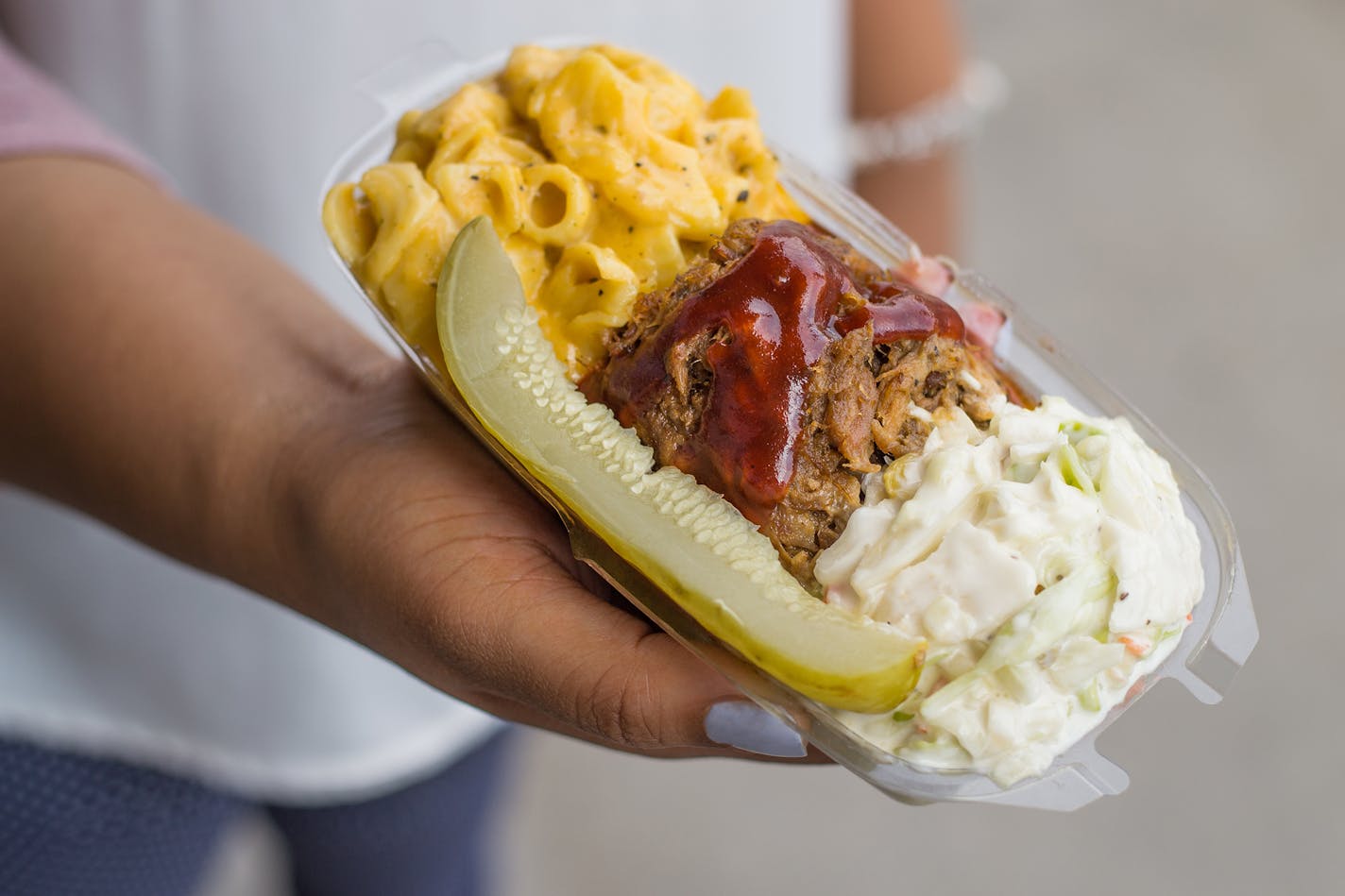 BBQ Split: Scoops of BBQ pulled pork, mac & cheese and coleslaw served side-by-side with a pickle spear. At Midtown Global Market's Mama D's, located in the Taste of Midtown Global Market booth at the International Bazaar, east wall.
(Available Aug. 29-Sept. 3 only).