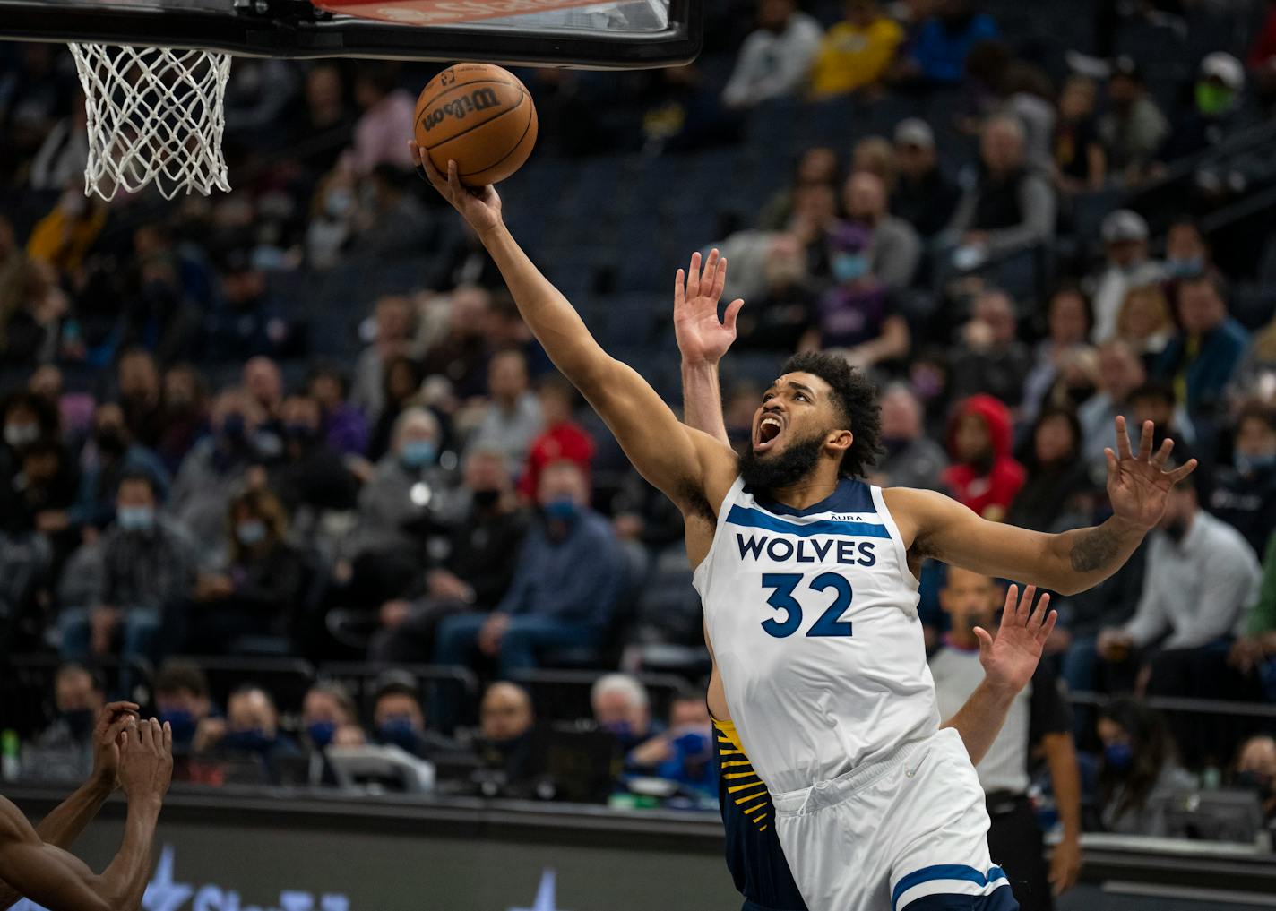 Minnesota Timberwolves center Karl-Anthony Towns (32) scored late in the second quarter Monday, Nov. 29, 2021 in Minneapolis. The Minnesota Timberwolves met the Indiana Pacers in an NBA basketball game Monday, Nov. 29, 2021 night at Target Center in Minneapolis. ] JEFF WHEELER • Jeff.Wheeler@startribune.com