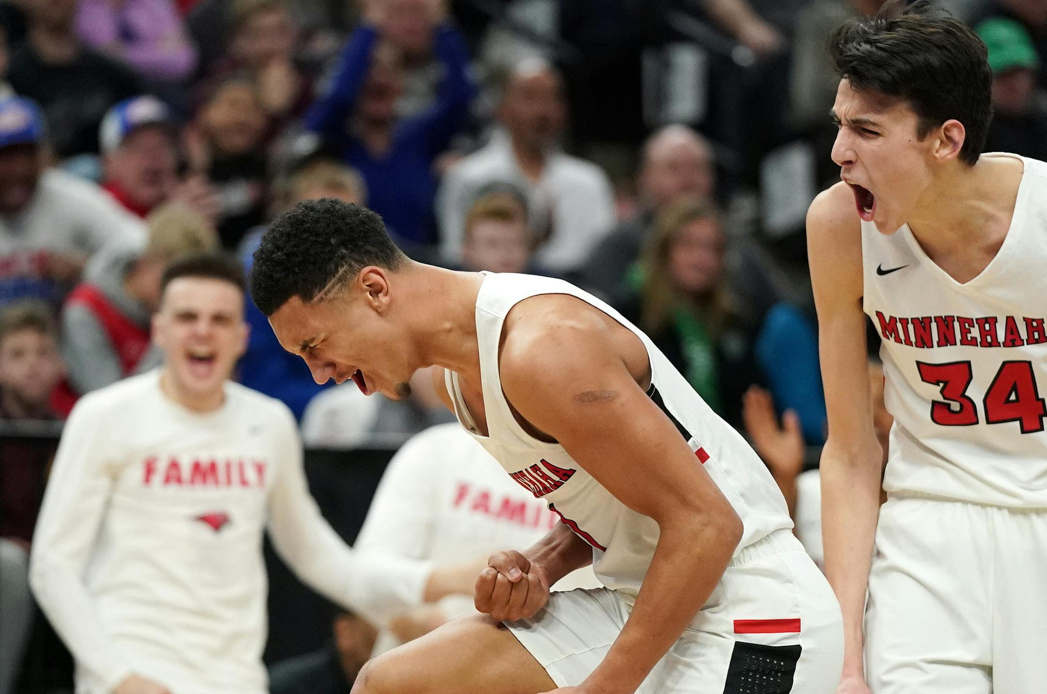 Minnehaha guard Jalen Suggs (1) reacted after blocking a Lake City shot in the first half. ] ANTHONY SOUFFLE • anthony.souffle@startribune.com Minnehaha Academy played Lake City High School in an MSHSL Class 2A boys' semifinal basketball game Friday, March 22, 2019 at the Target Center in Minneapolis.