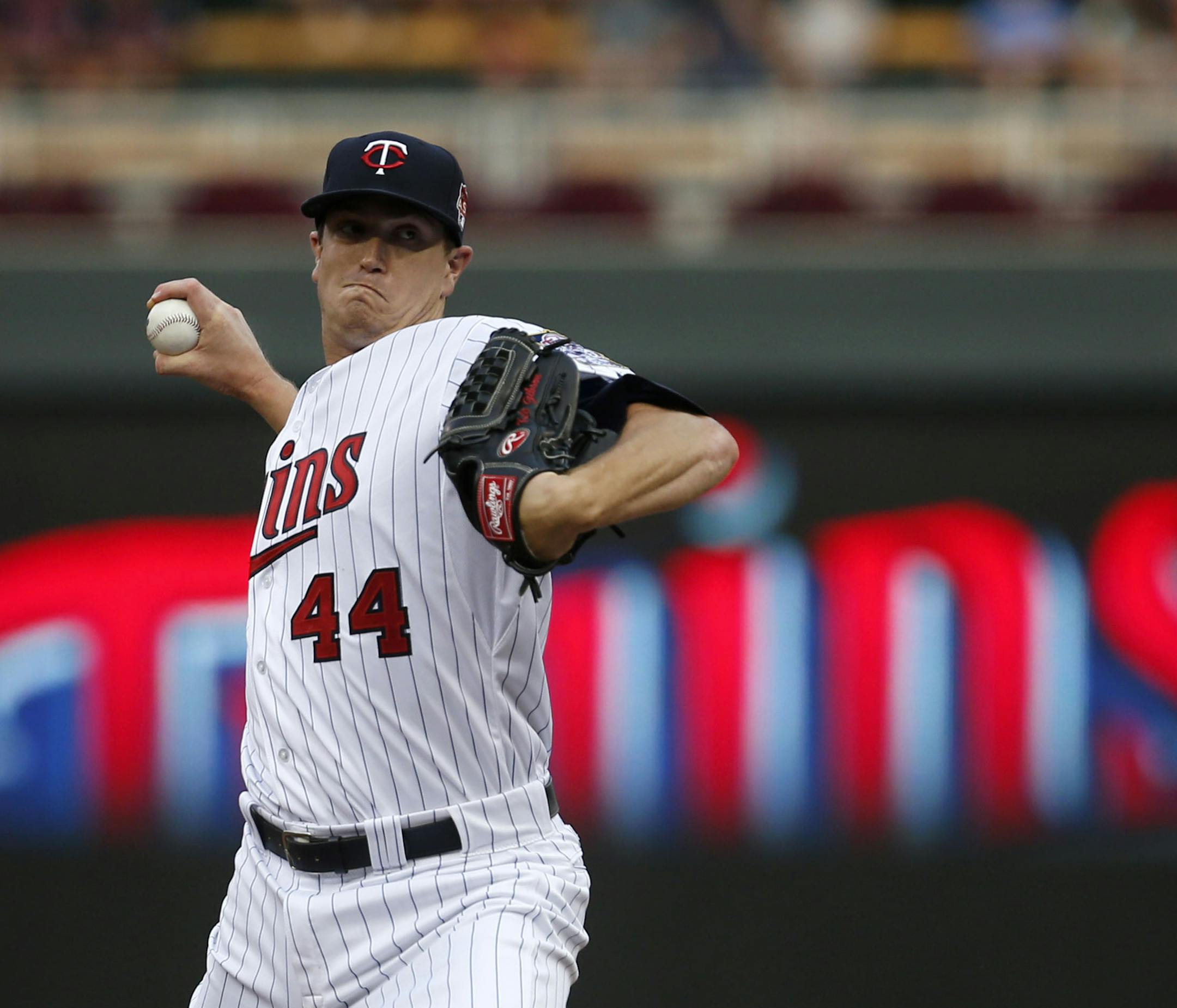 Starting pitcher for the Twins, Kyle Gibson, winds up during the first inning against the Tampa Bay Rays on Friday evening. ] The Minnesota Twins take on the Tampa Bay Rays on Friday night at Target Field. MONICA HERNDON monica.herndon@startribune.com Minneapolis, MN 07/18/14