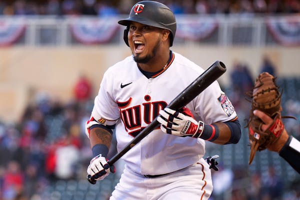Minnesota Twins pinch hitter Luis Arraez (2) reacts after a ball was call in the ninth inning in Minneapolis, Minn., on Friday, April 8, 2022.
