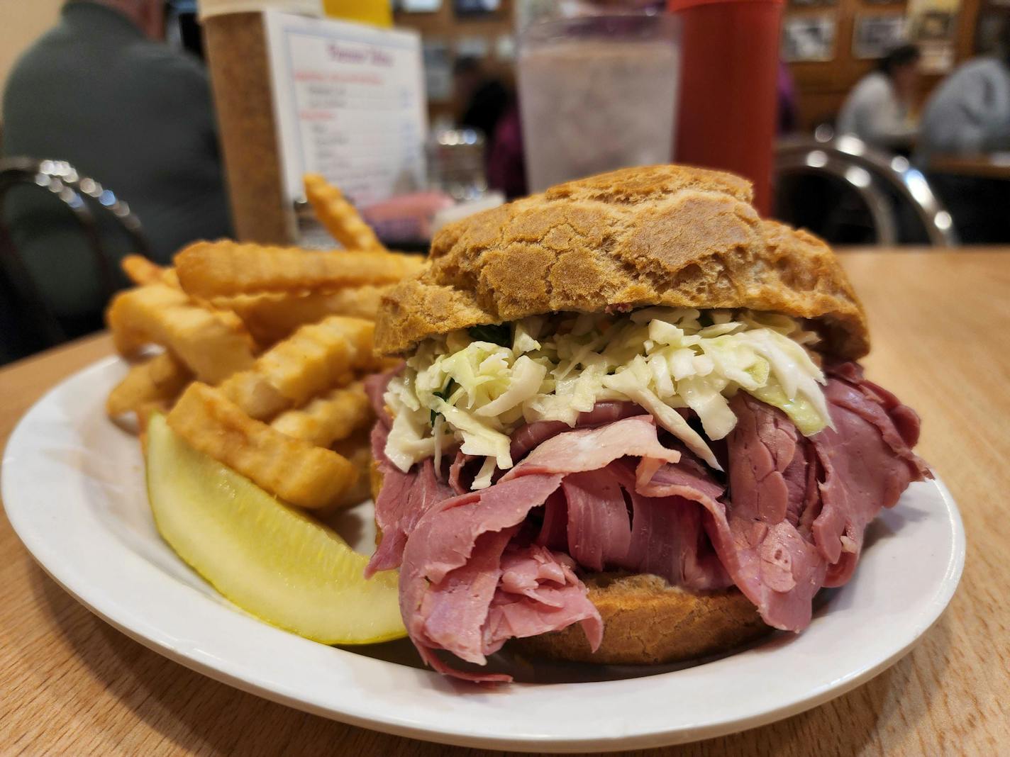 A corned beef sandwich on a Passover popover at Cecil's