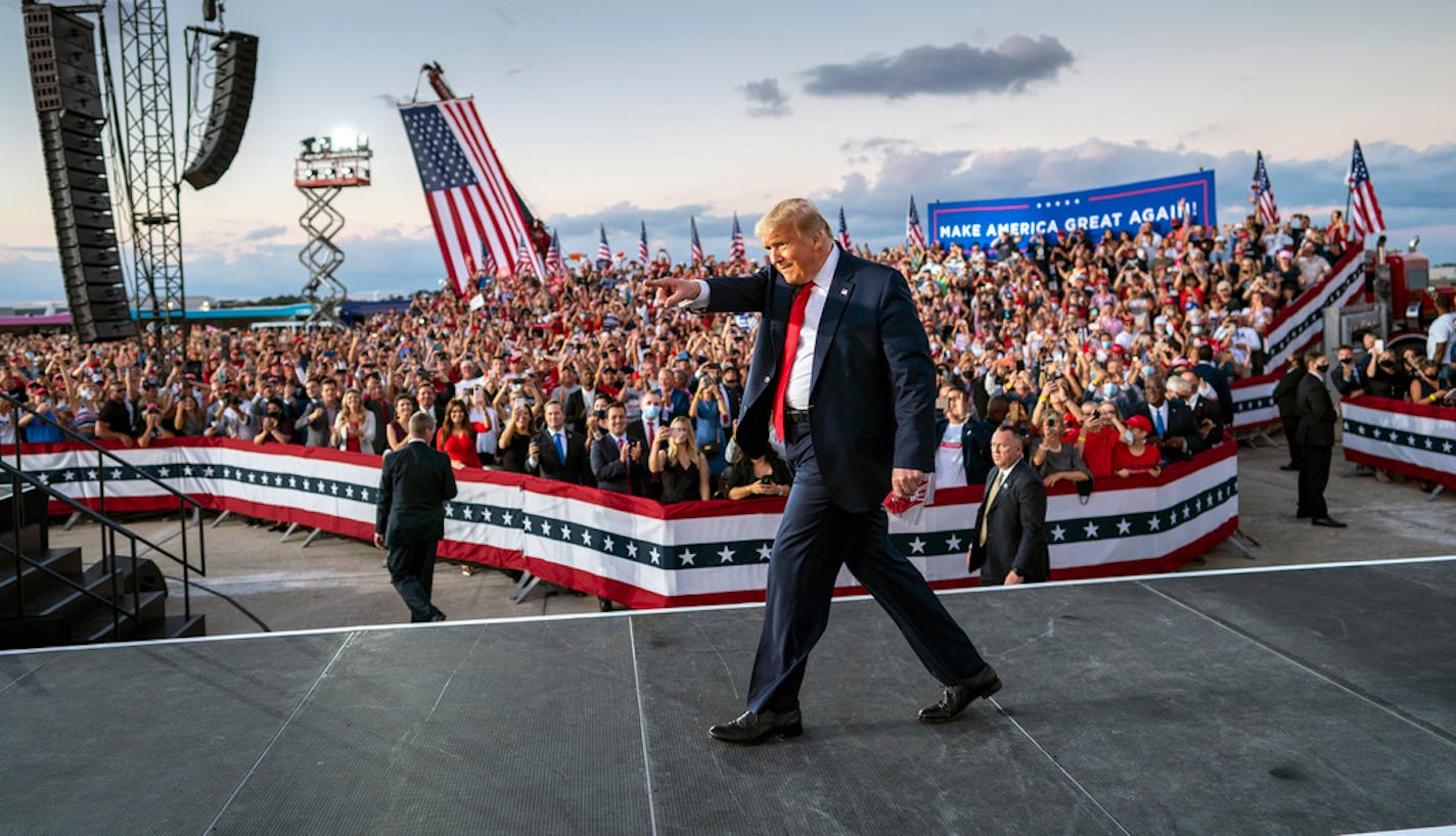 FILE -- President Donald Trump at a reelection campaign rally in Sanford, Fla., on Oct. 12, 2020. It was his first rally since testing positive for the coronavirus. (Doug Mills/The New York Times)