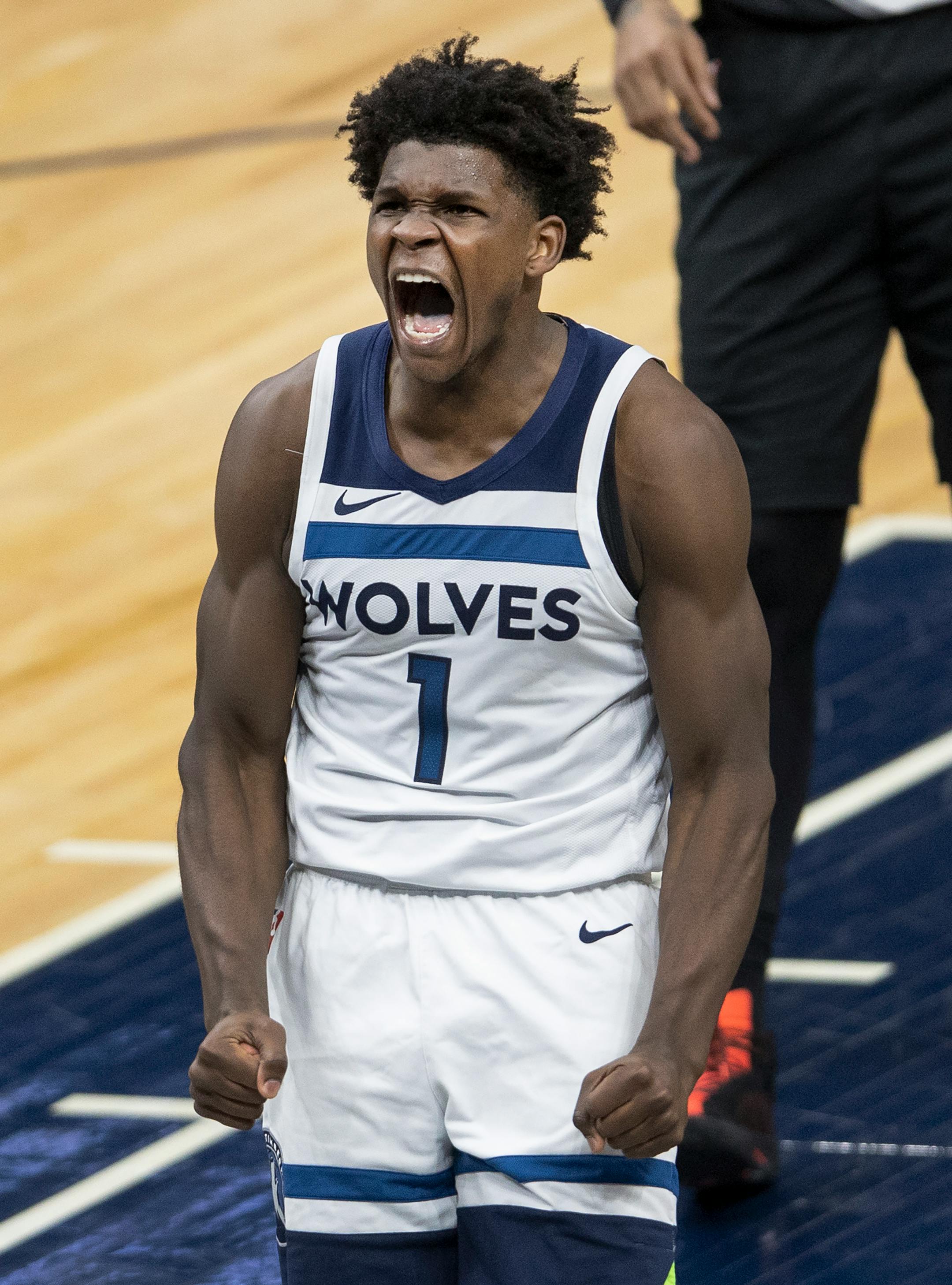 Anthony Edwards (1) ) of the Minnesota Timberwolves reacted after a dunk in the fourth quarter.