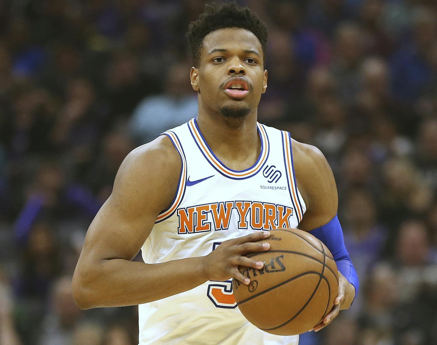 New York Knicks guard Dennis Smith Jr. during the first quarter of an NBA basketball game against the Sacramento Kings Monday, March 4, 2019, in Sacramento, Calif. (AP Photo/Rich Pedroncelli)