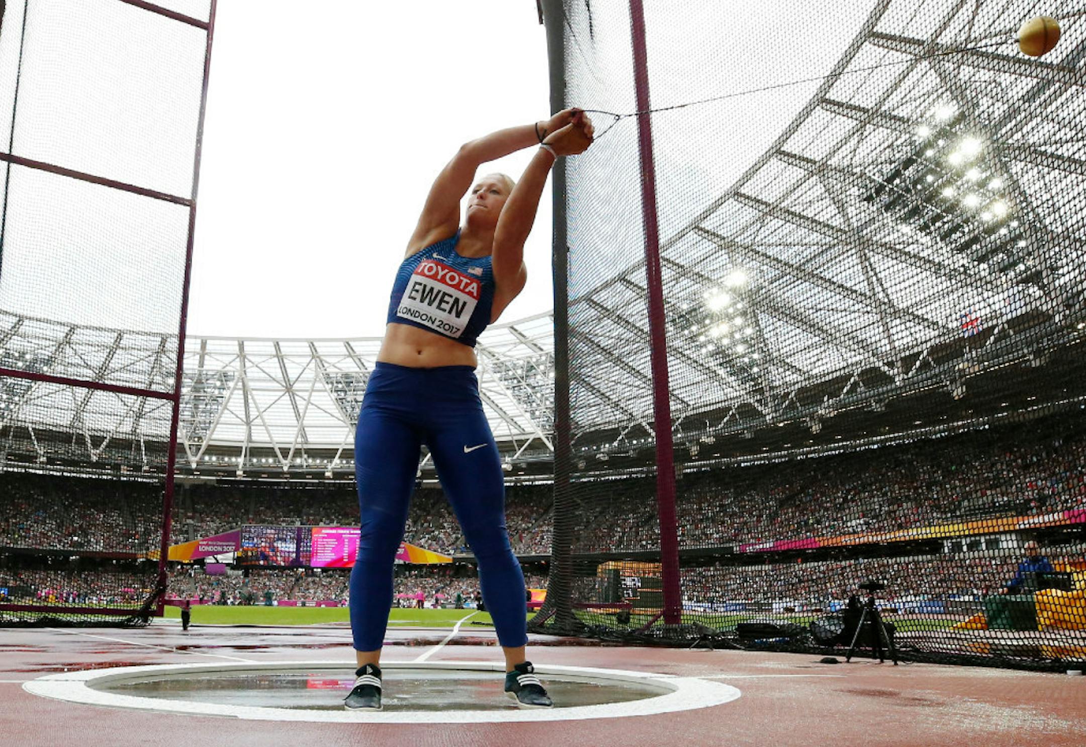 Magdalyn Ewen makes an attempt in the women's hammer throw qualification during the World Athletics Championships in London Saturday, Aug. 5, 2017.