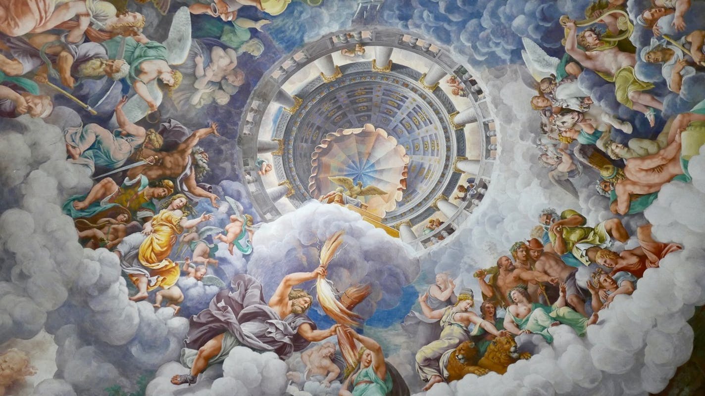 From cloudy Mount Olympus, gods watch in horror as Zeus hurls lightening bolts at giants attacking them in Giulio Romano�s Hall of the Giant�s fresco at the Palazzo Te in Mantua.