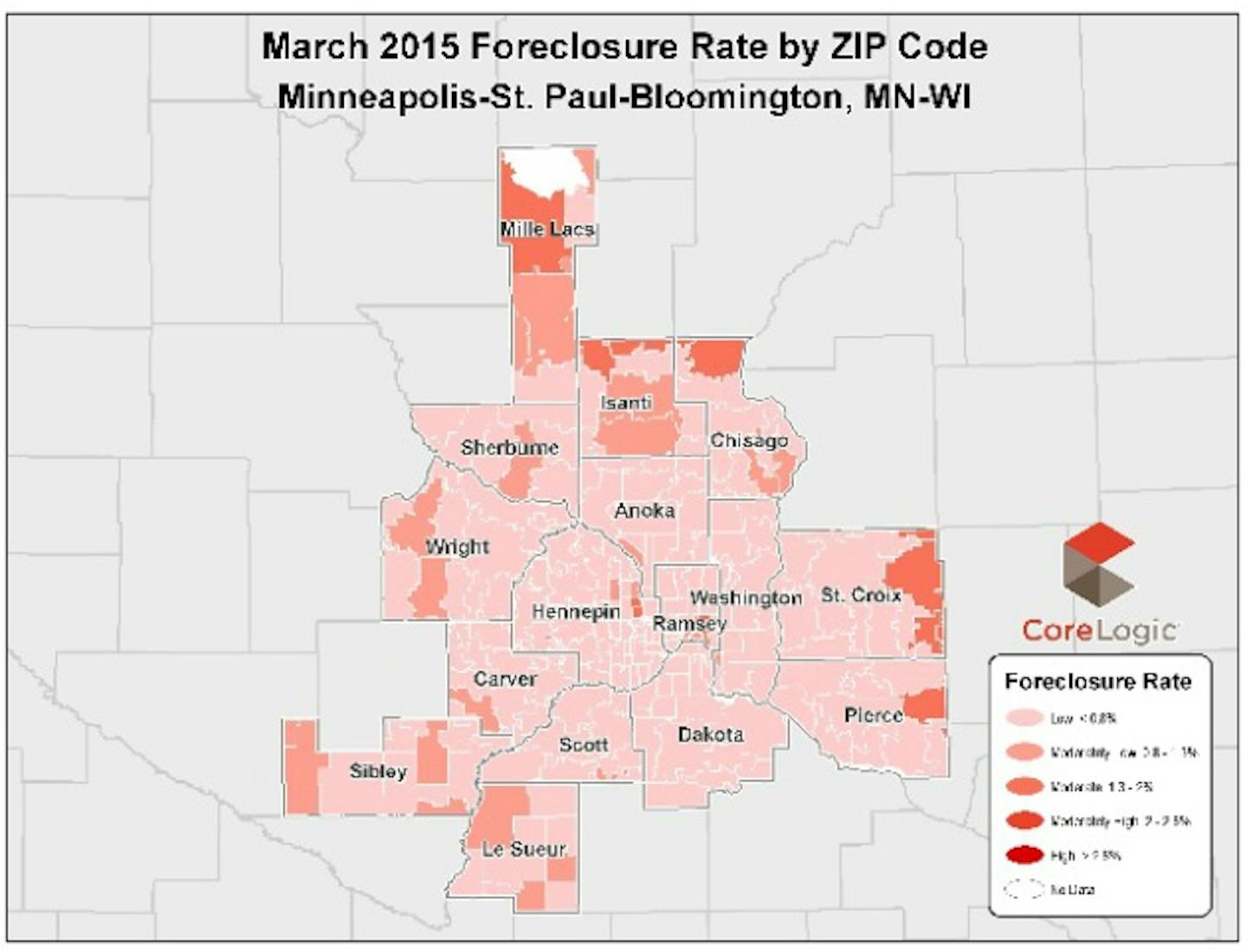 This map shows foreclosure rates by zip code. Note that the highest rates are still in the most exurban counties.