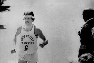 Steve Hoag crossed the finish line in the 1975 Boston Marathon. He finished second.