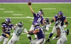 Vikings quarterback Kirk Cousins was pressured on a Hail Mary pass near the end of the game.