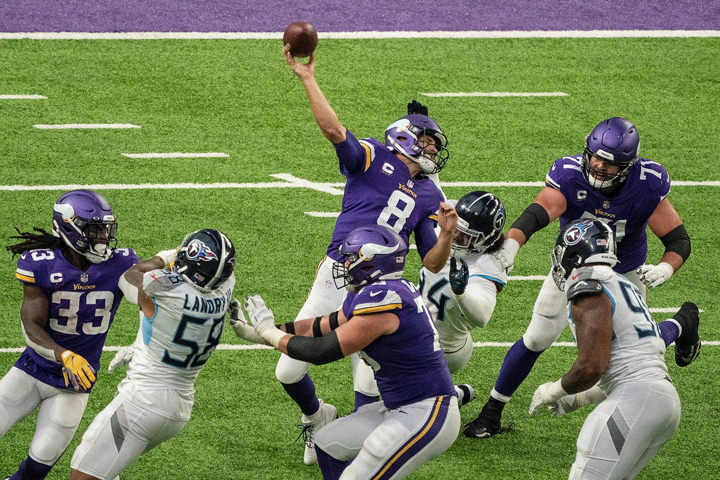 Vikings quarterback Kirk Cousins was pressured on a Hail Mary pass near the end of the game.