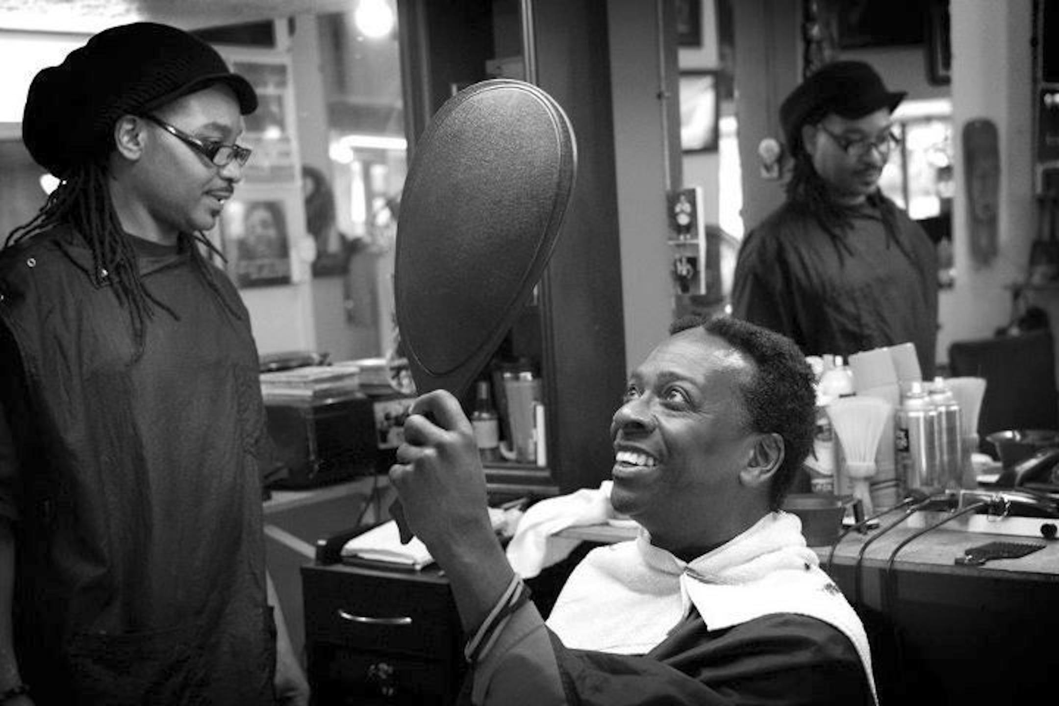 Harry Waters checks out his new look.