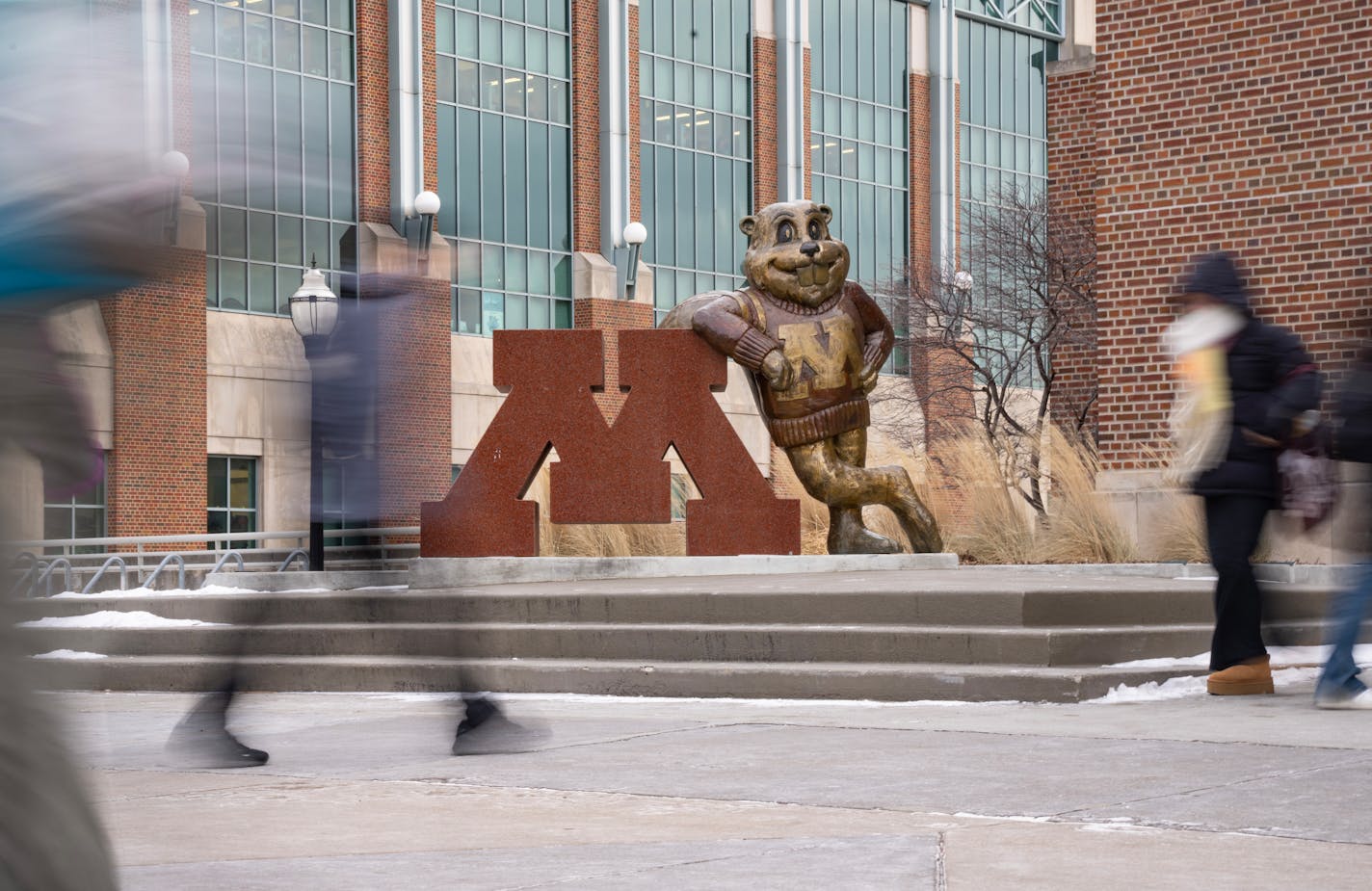 Students pass a statue of Goldy the gopher and the university's logo during a class change Thursday, Jan. 18, 2024, at the University of Minnesota in Minneapolis, Minn. ]