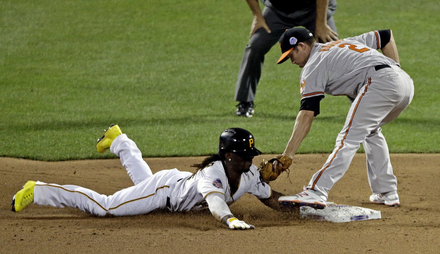 National League�s Andrew McCutchen, of the Pittsburgh Pirates, safely steals second under the tag of American League�s J.J. Hardy, of the Baltimore Orioles, during the MLB All-Star baseball game, on Tuesday, July 16, 2013, in New York.