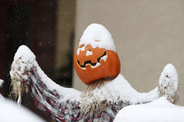 Snow covers a pumpkin used as part of a Halloween display outside a home as the season's first snow storm sweeps over the metropolitan area Thursday, 