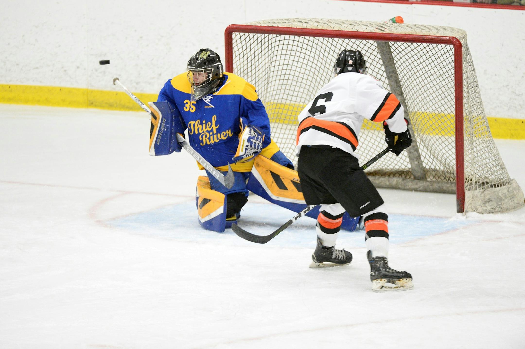 Thief River Falls goaltender Nick Corneliusen, from a game played during his junior season in 2016-17. Photo by Tim Kolehmainen, Breakdown Sports USA