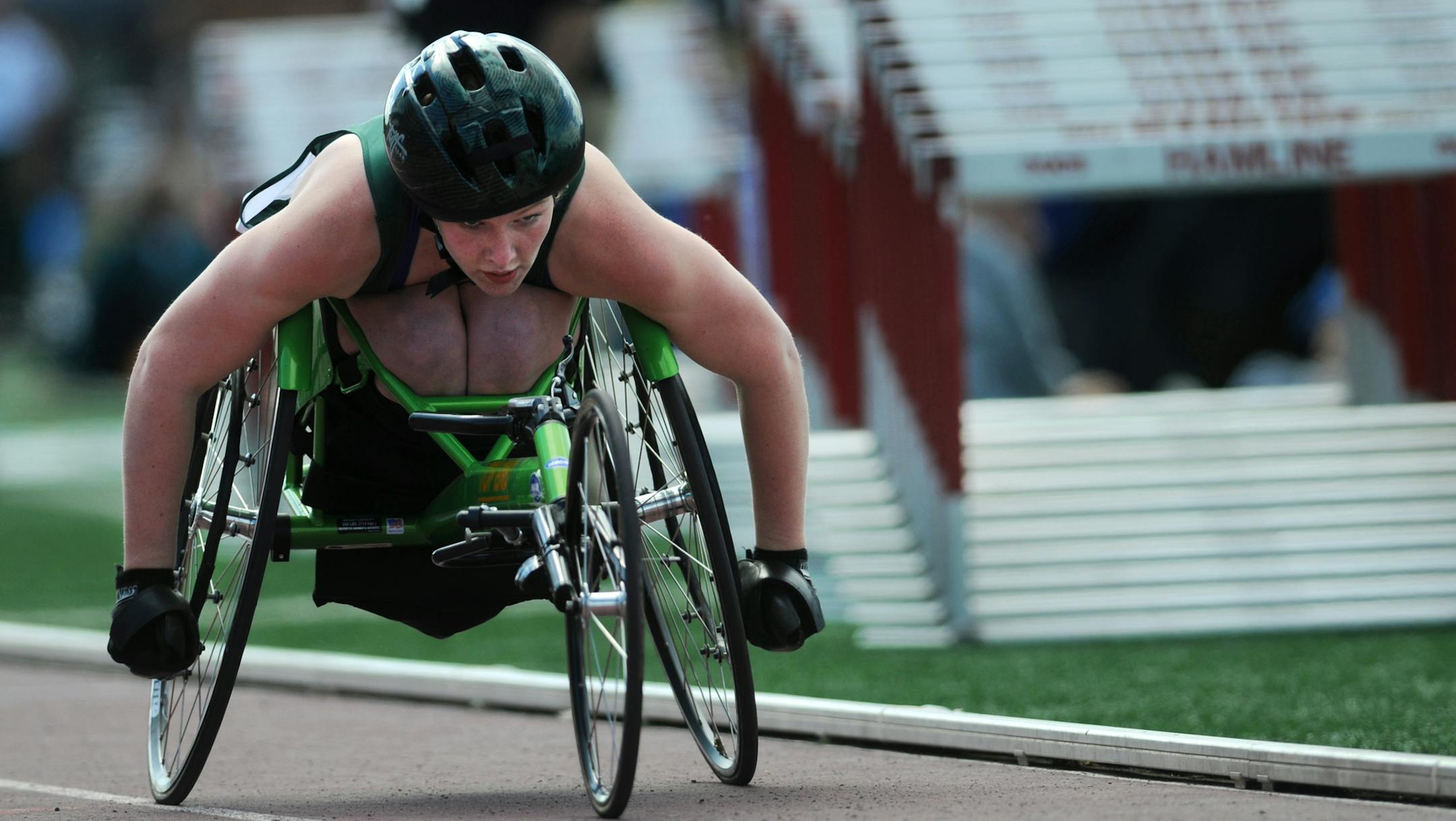 Photo by Leah Millis ‚Ä¢ leah.millis@startribune.com St. Paul, Minn. June 11, 2011--] Rose Hollermann of Waterville-E-M was determined as she looked ahead as she finished the end of the A 1600-meter wheelchair division event during the final day of the boys' and girls' state track meet held at Hamline University. She won this event.