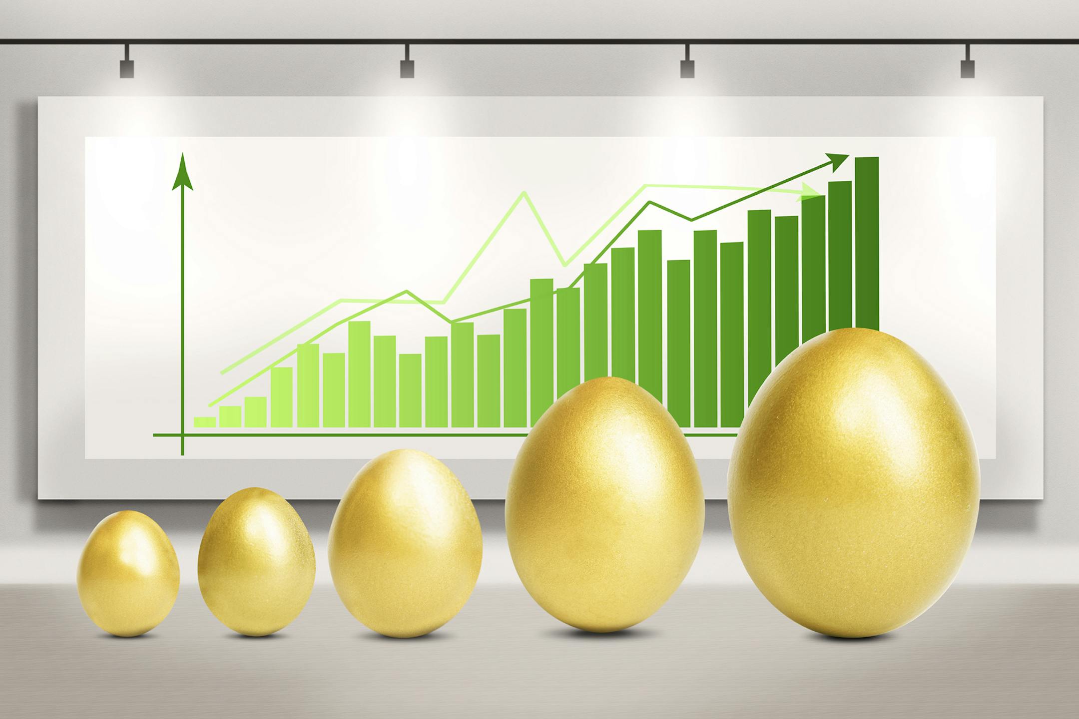 Profit bar chart with golden eggs standing in front of it